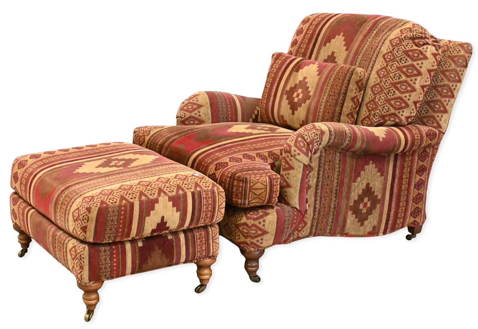 Lee Industries Upholstered Chair and Ottoman: Lee Industries Upholstered Chair and Ottoman in Kilim style upholstery in the style of George Smith height 31 1/2 inches, width 35 inches, depth 45 inches