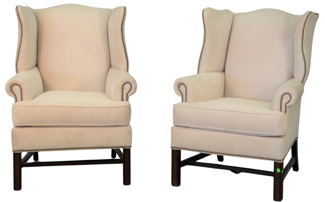 Pair of Pottery Barn Chippendale Style Wing Chairs: Pair of Pottery Barn Chippendale Style Wing Chairs on molded square legs height 39 inches, width 30 inches