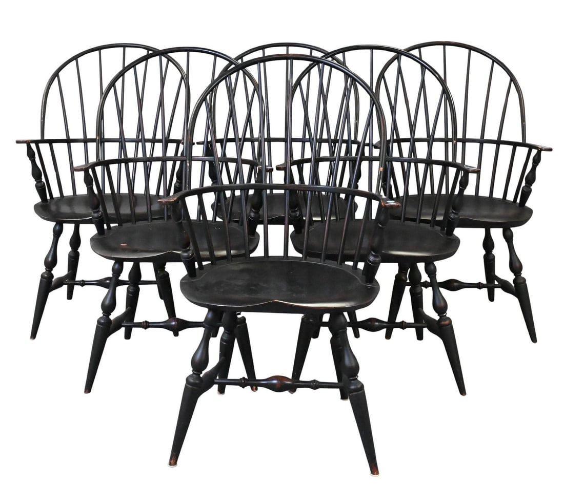 Set of Six Warren Chair Works Windsor Style Armchairs: Set of Six Warren Chair Works Windsor Style Armchairs in black paint height 40 inches, width 21 1/2 inches, depth 17 inches