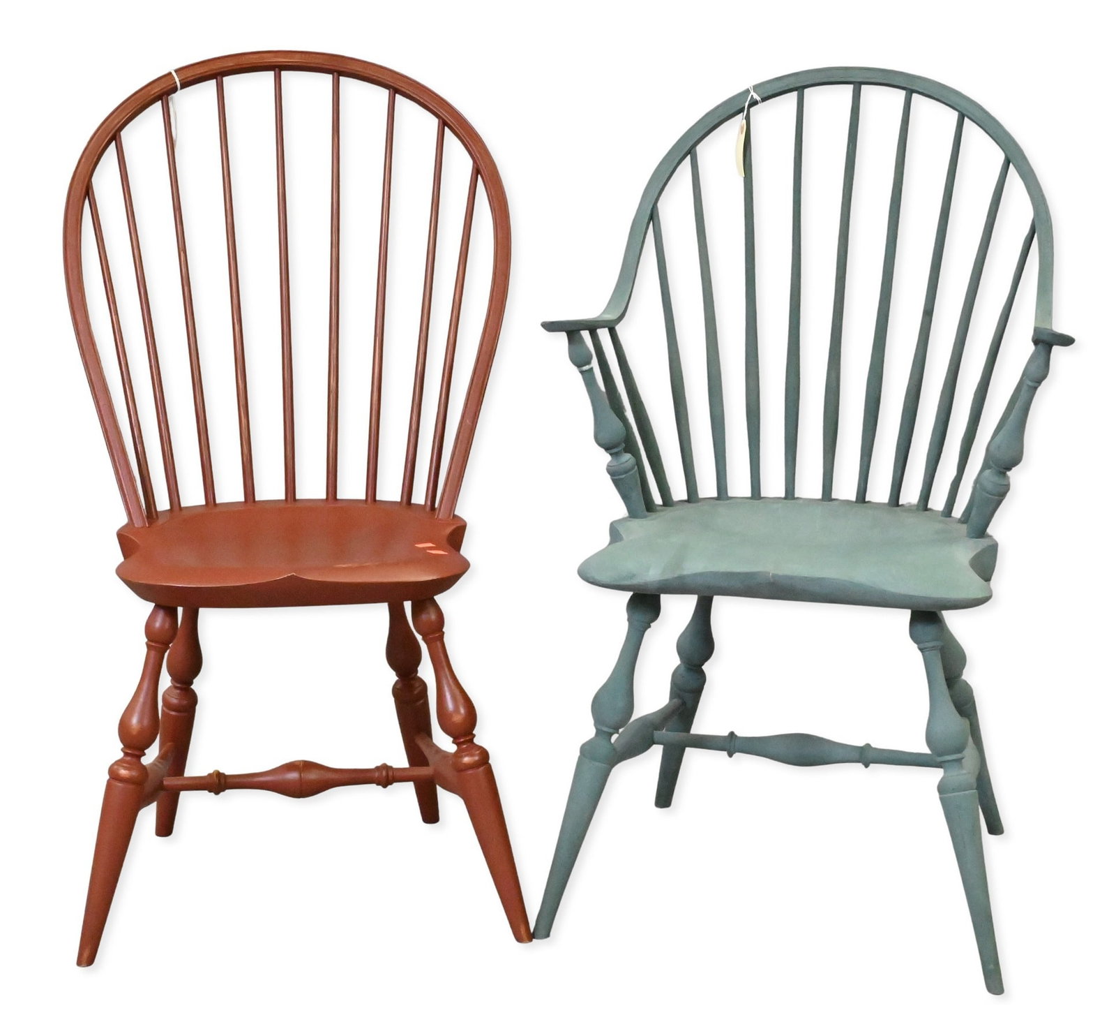 Two Piece Benchmade Painted Windsor Lot: Two Piece Benchmade Painted Windsor Lot to include a side chair in red paint signed Warren Chair Works, height 38 1/2 inches, and armchair in blue paint, height 37 1/2 inches