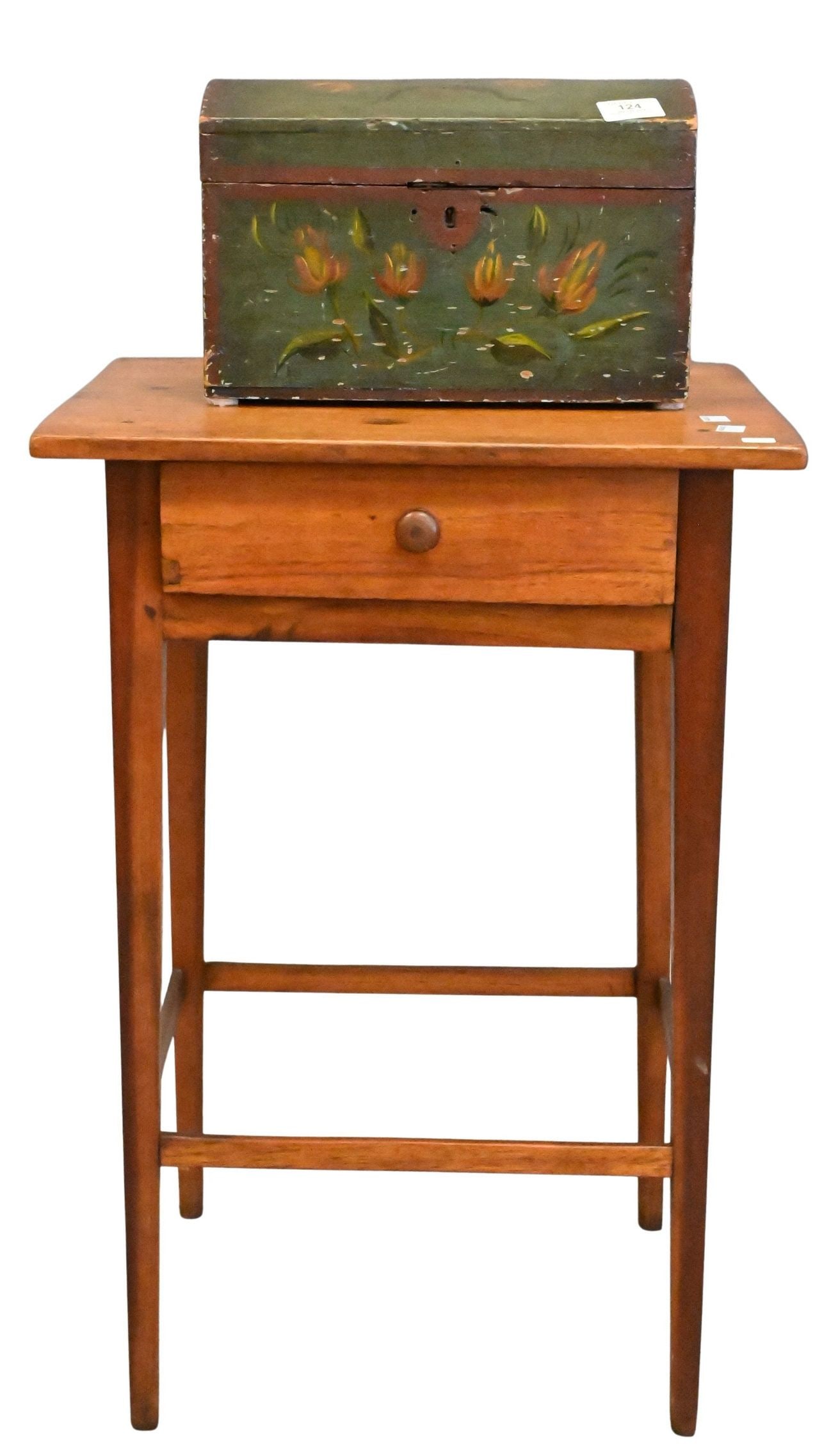 Small Folk Art Painted Pine Dome Top Chest and One Drawer Stand: Small Folk Art Painted Pine Dome Top Chest and One Drawer Stand primitive chest having a hinged dome lid above a rectangular case, decorated throughout in a green ground with hand-painted floral motif