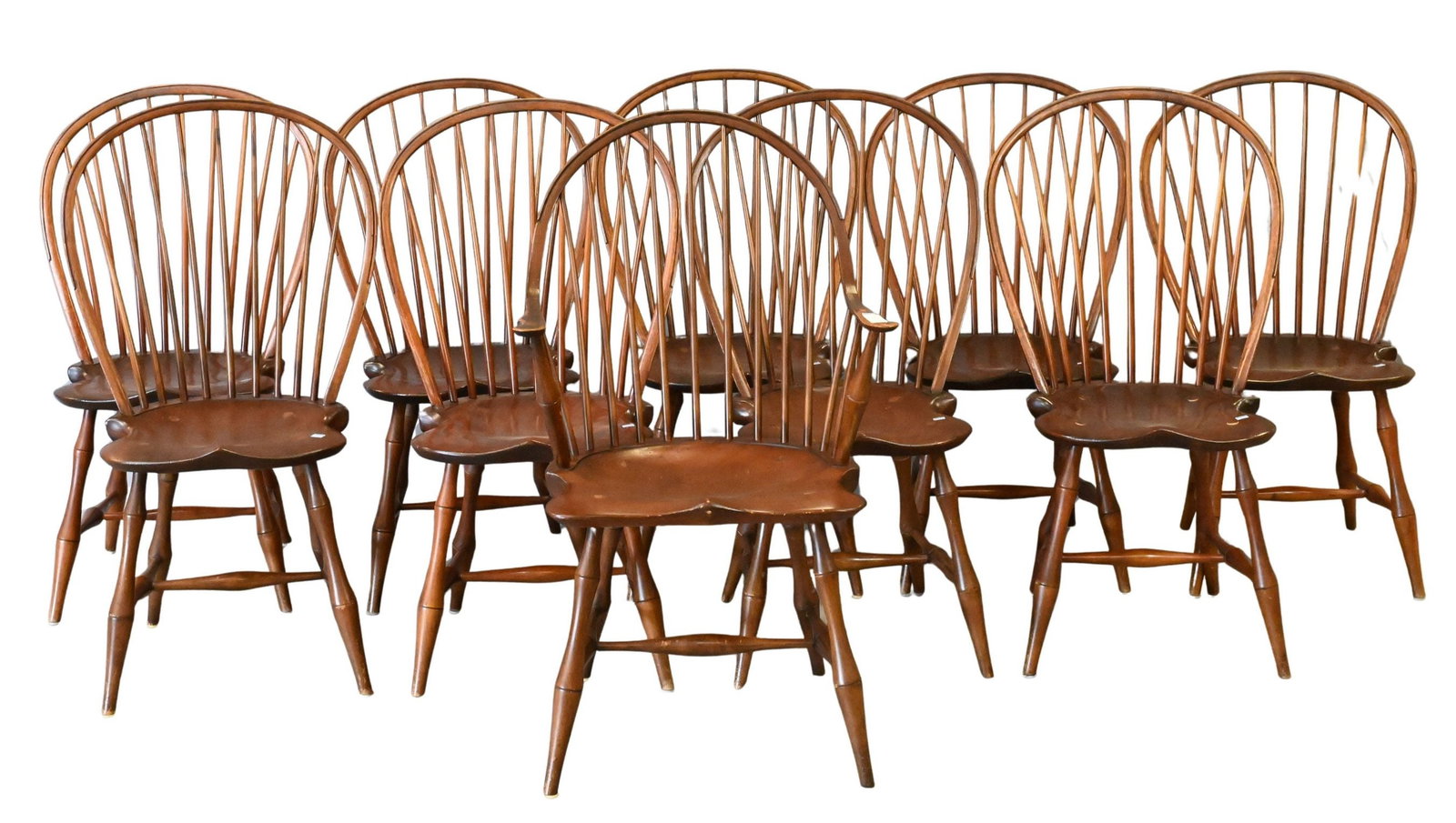 D.R. Dimes Set of 10 Windsor Style Chairs: D.R. Dimes Set of 10 Windsor Style Chairs one armchair, nine side chairs height 38 inches, width 21 1/2 inches, depth 17 1/2 inches