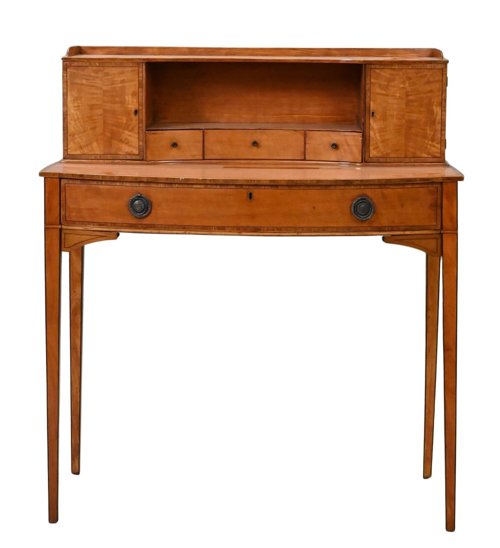 English Satinwood Cross-Banded Rosewood Writing Desk: English Satinwood Cross-Banded Rosewood Writing Desk rectangular form superstructure having three concave drawers flanked to each side by cupboard doors above a D-shaped top, one long frieze drawer op