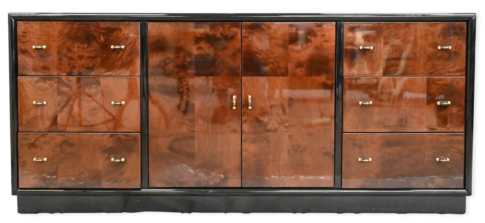 Henredon Scene Three Burlwood Credenza: Henredon Scene Three Burlwood Credenza burlwood and black lacquer sideboard having a rectangular top above a series of drawers and cabinet doors fitted with brass hardware. Height 30 inches, width 68 