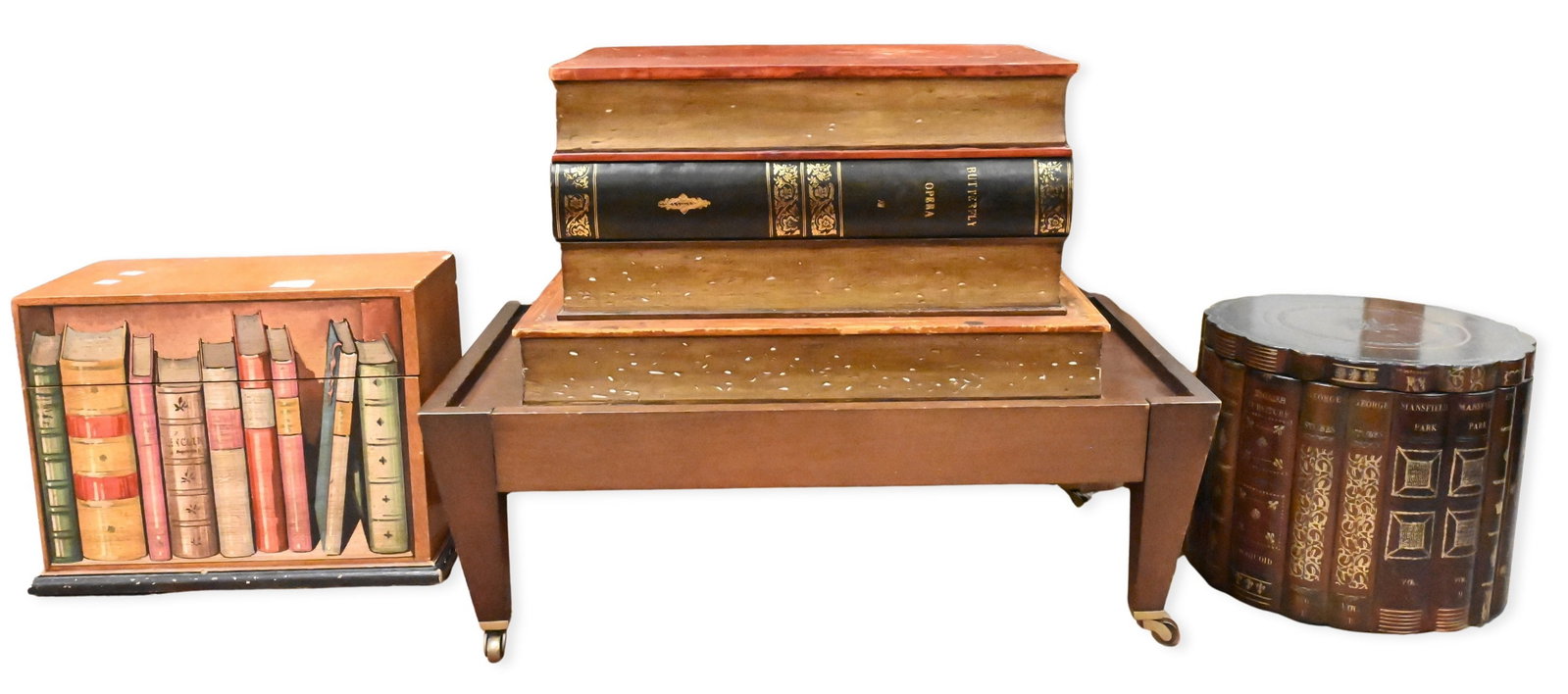 Three Faux Book Boxes: Three Faux Book Boxes to include Maitland Smith circular box decorated in row of rare books spines, height 10 inches, diameter 12 inches, Italian made leather box, along with Sarreid Italian painted t