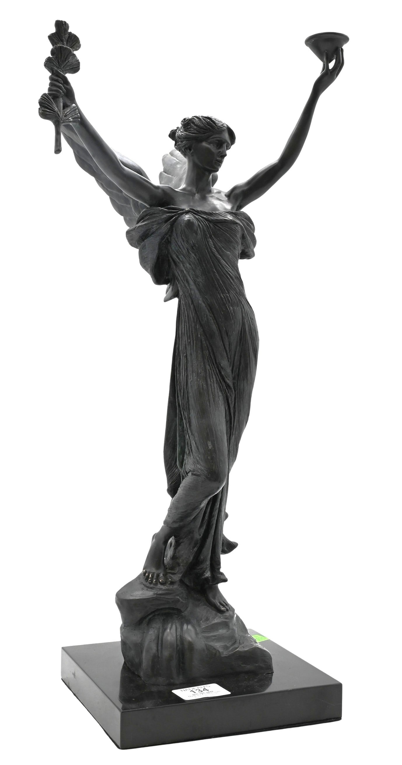 After Daniel Chester French (American 1850–1931): After Daniel Chester French (American 1850–1931) "Spirit of Life" (Icarus), 1996 depicting a draped winged female figure standing with arms outstretched Dark patinated bronze on marble base,
