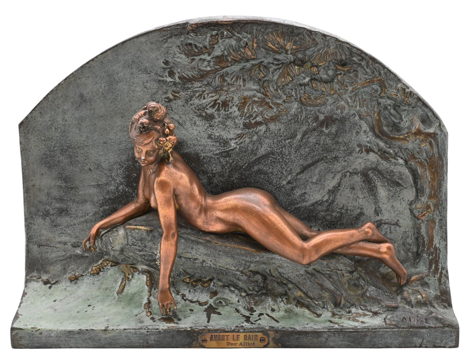 Lucien Charles Edouard Alliot (French 1877–1967): Lucien Charles Edouard Alliot (French 1877–1967) "Avant le Bain" (Before the Bath) Patinated zinc depicting a female nude preparing to bathe Signed lower right Alliot 7 1/2" x 10 1/2"
