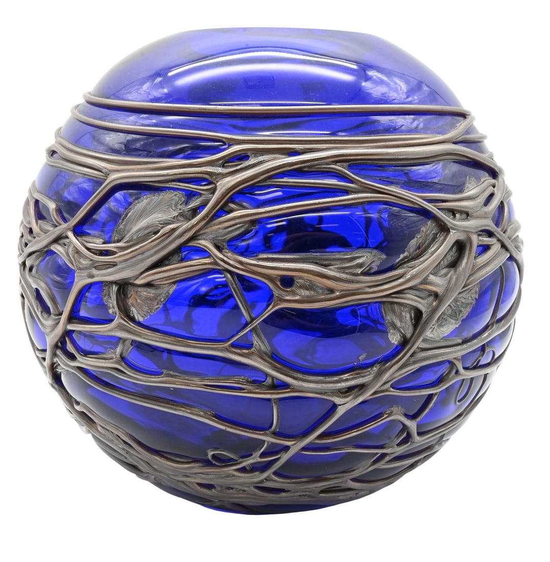 Murano Cobalt Art Glass Globular Vase: Murano Cobalt Art Glass Globular Vase Spherical cobalt blue art glass vase enclosed within an applied network of silver glass vines and leaves, creating an organic sculptural surface, signed to unders