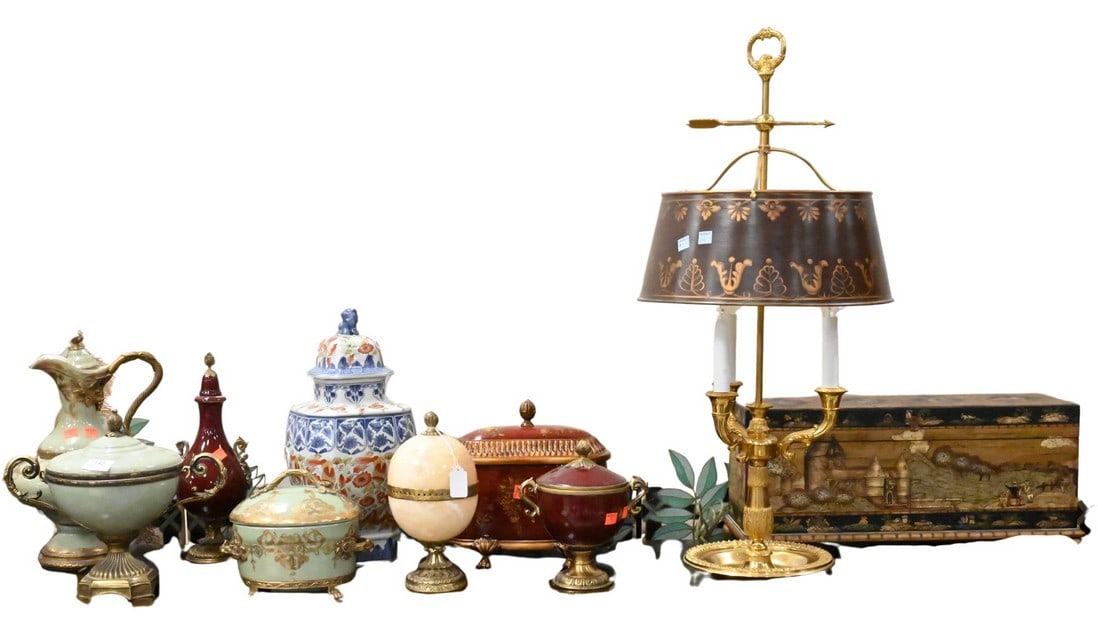 Ten Piece Group of Decorative Porcelain and Ormolu Mounted Articles: Ten Piece Group of Decorative Porcelain and Ormolu Mounted Articles including covered urns, lidded boxes, vases, and a ewer, each mounted in gilt-metal mounts and handles. Decorated in burgundy and ce