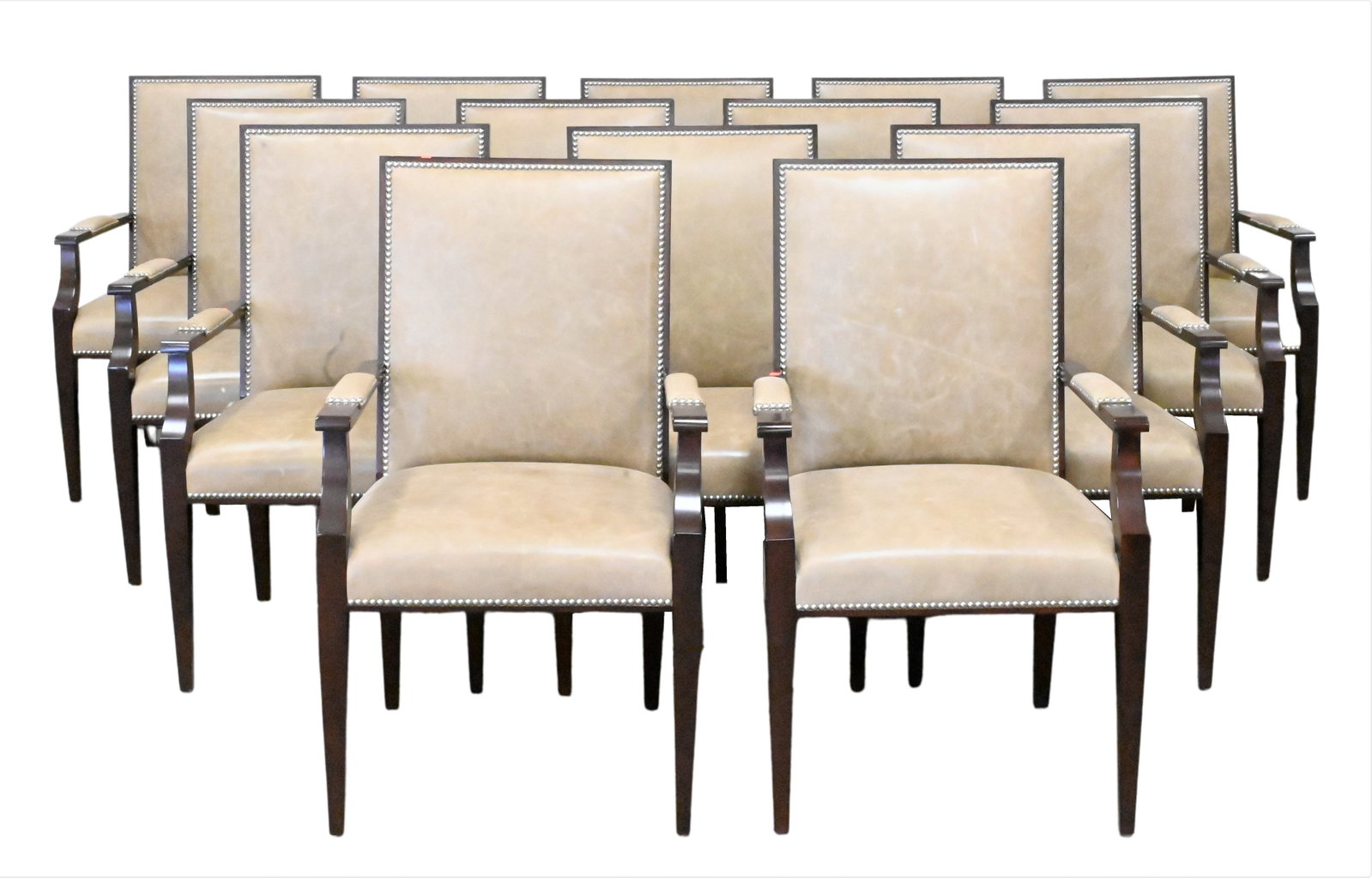 Set of 14 Ralph Lauren Style Modern Arm Chairs: Set of 14 Ralph Lauren Style Modern Arm Chairs having tan leather with pewter tacks on hardwood espresso frame, height 39 inches, seat height 18 inches, width 23 inches.