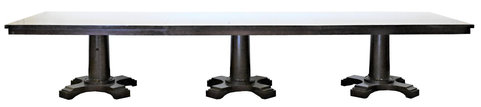 Large Triple Pedestal Conference or Dining Table: Large Triple Pedestal Conference or Dining Table hardwood in espresso stain, having three sections each 50" x 60'', on three column form pedestal bases height 32 inches, top 50" x 180"