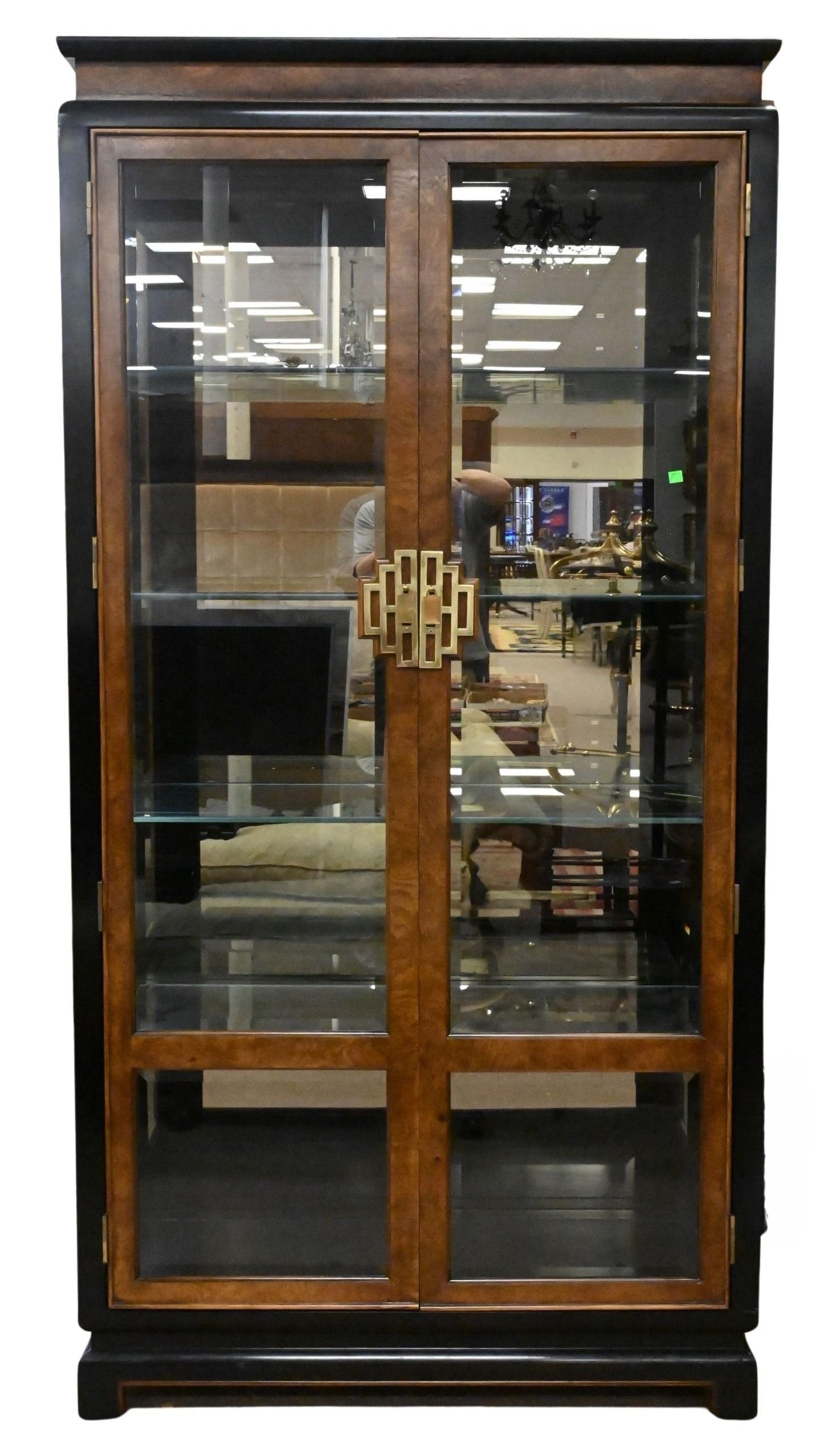 Contemporary Lacquered Wood Display Cabinet: Contemporary Lacquered Wood Display Cabinet having beveled glass panels and shelving, in Asian taste height 82 inches, width 41 inches, depth 16 inches
