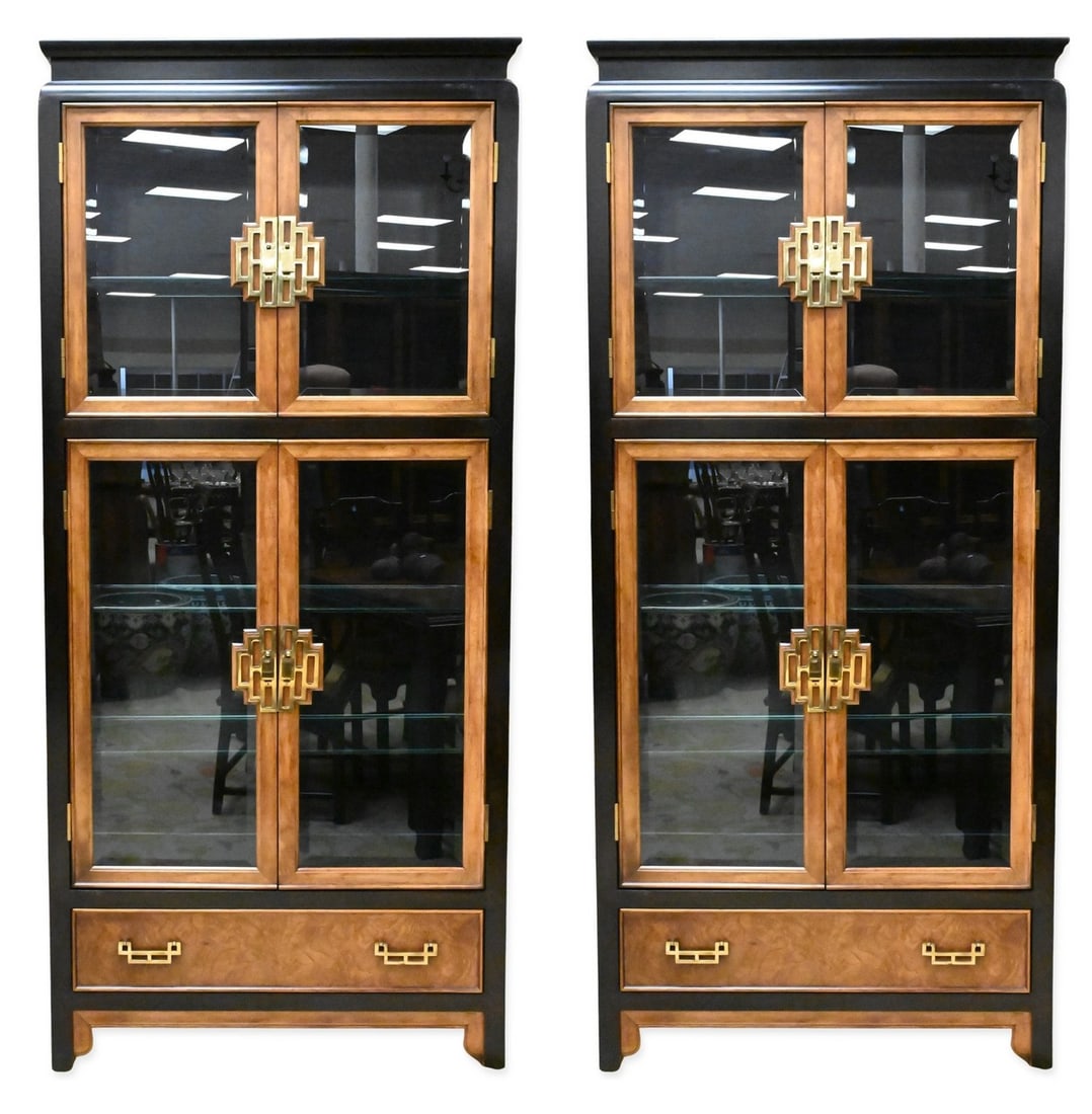Pair of Century Furniture Company Display Cabinets: Pair of Century Furniture Company Display Cabinets having beveled glass, in Asian taste height 81 1/2 inches, width 37 inches, depth 15 inches
