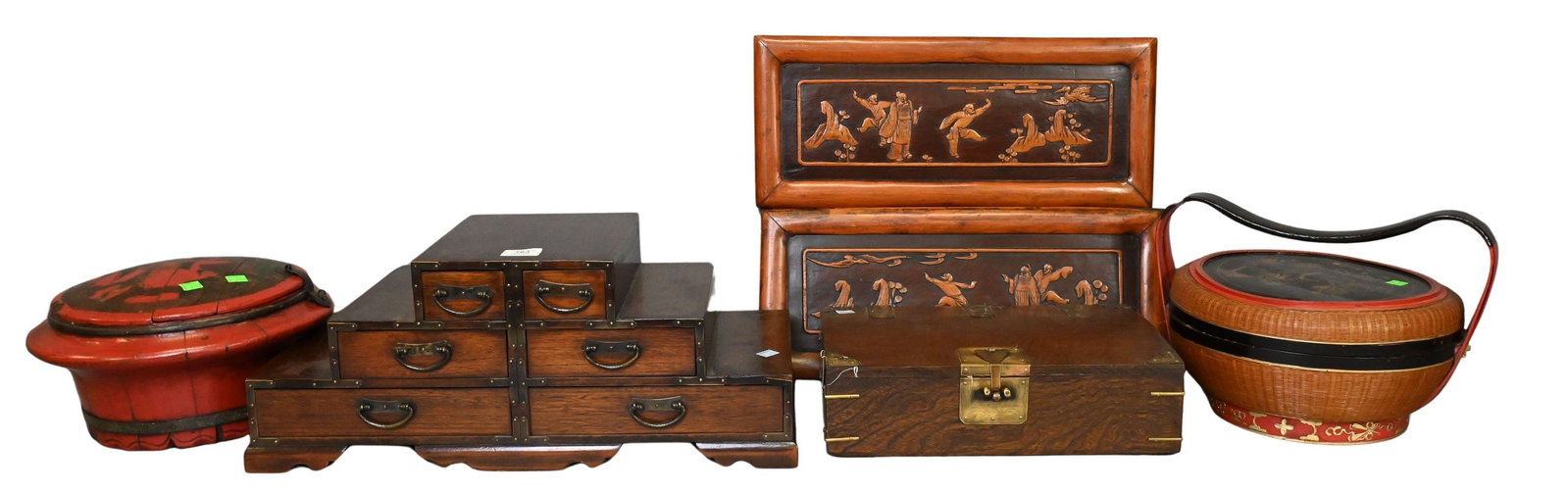 Group of Asian Decorative Articles: Group of Asian Decorative Articles Including red lacquered wedding basket or lunch boxes, Korean document or scholar's boxes having brass-mounted drawer pulls and pair of wooden wall plaques Korean bo