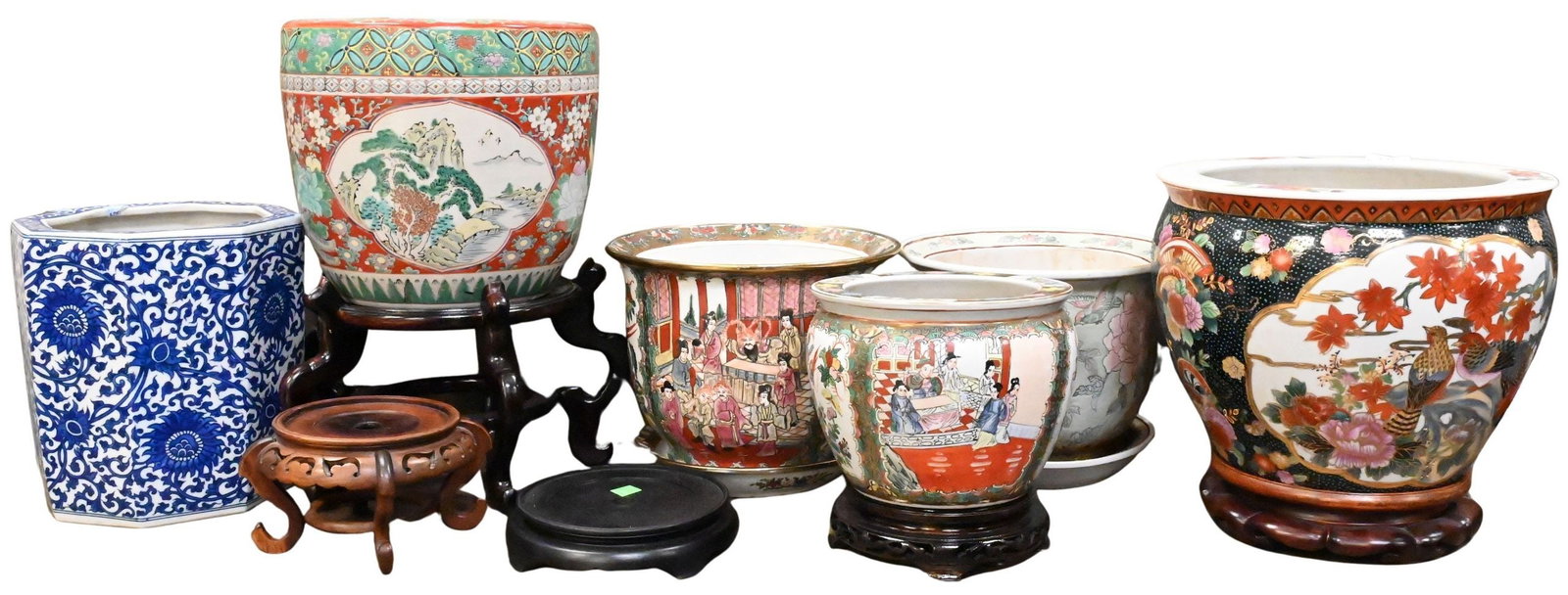 Six Asian Style Jardinieres: Six Asian Style Jardinieres to include famille rose, blue and white, and gilt planter examples tallest height 9 inches