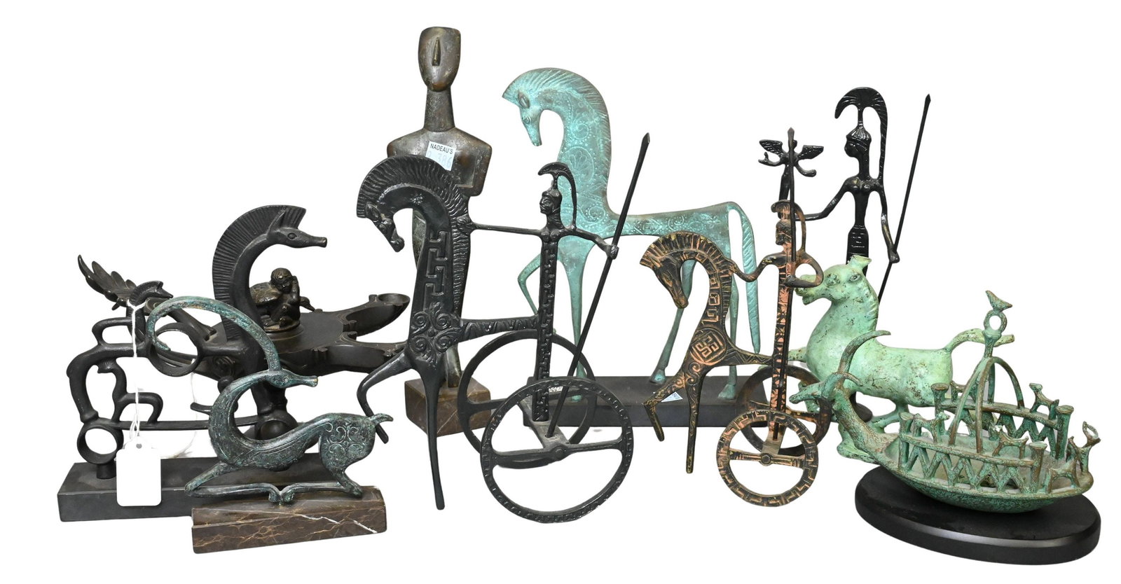 Collection of Frederic Weinberg Style Mid Century Etruscan Metal Figures: Collection of Frederic Weinberg Style Mid Century Etruscan Metal Figures to include stylized Greek, Etruscan, and Cycladic-inspired figural and animal forms including horses, the goddess Athena on a c