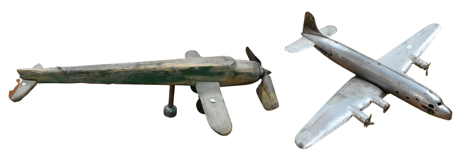 Two Large Folk Art Model Airplanes to include: Two Large Folk Art Model Airplanes to include PanAm pressed steel metal plane model Marx, length 23 inches Provenance: William J. Jenack Auction, New York, 11/23/1997, purchase price ($550) along with