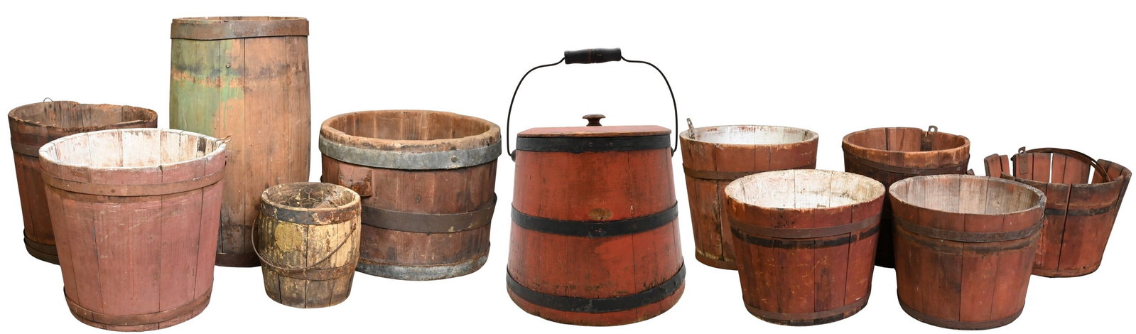 Group of 11 Early Buckets: Group of 11 Early Buckets to include an American painted Firkin lid and bail handled staved wooden bucket, old painted surface and iron bands, removable lid and wire bail handle, and turned wood grip 