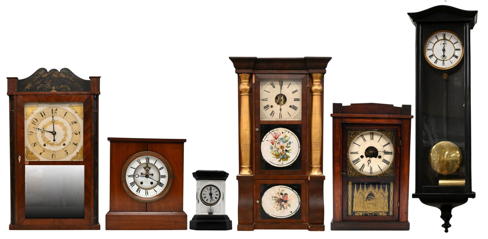 Group of Six Clocks: Group of Six Clocks to include one Vienna wall regulator clock, one Seth Thomas “Triple-Decker” eight day weight-driven wall clock, one Lucius B. Bradley Eli Terry patent Federal shelf clock, 