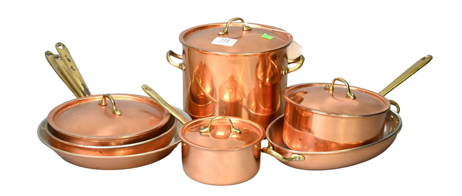 Seven Piece Portuguese Copper Cookware Group: Seven Piece Portuguese Copper Cookware Group to include four covered pots, two skillets and one oval serving dish, marked Copral Portugal tallest height 8 inches