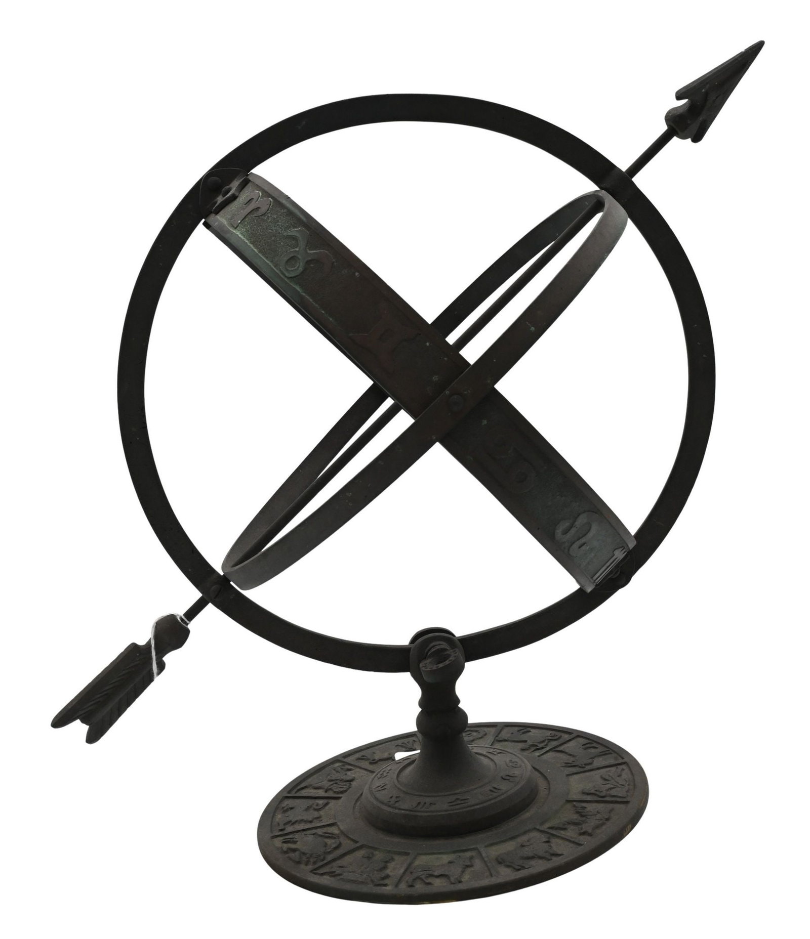 Zodiac Armillary Sphere Sundial: Zodiac Armillary Sphere Sundial Patinated metal armillary sphere sundial featuring rotating bands engraved with zodiac symbols and astrological motifs, crossed by an arrow-form gnomon, raised on a cir