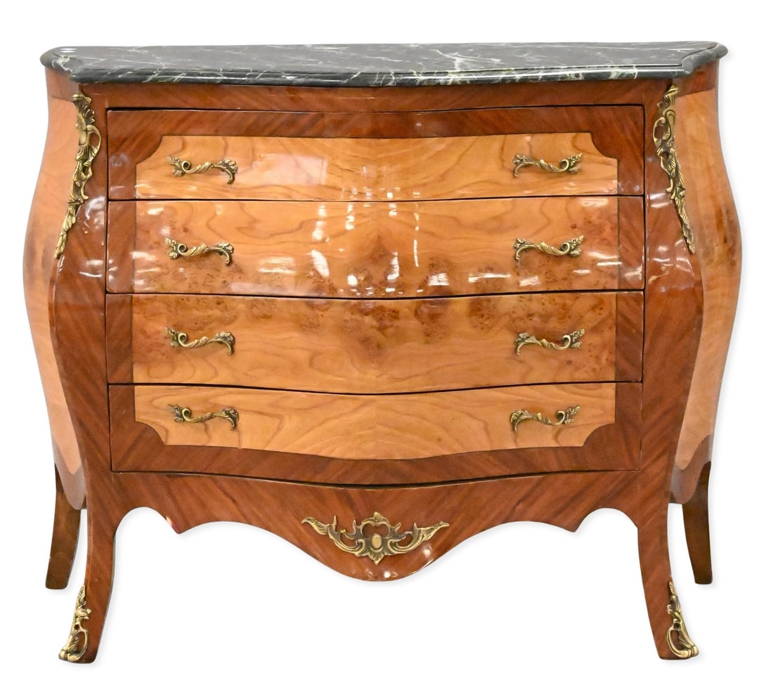 Louis XV Style Marble Top Commode: Louis XV Style Marble Top Commode serpentine form having burlwood veneer, parquetry inlay, gilt-metal mounts, and shaped marble top Height 37 inches, width 44 inches, depth 20 inches