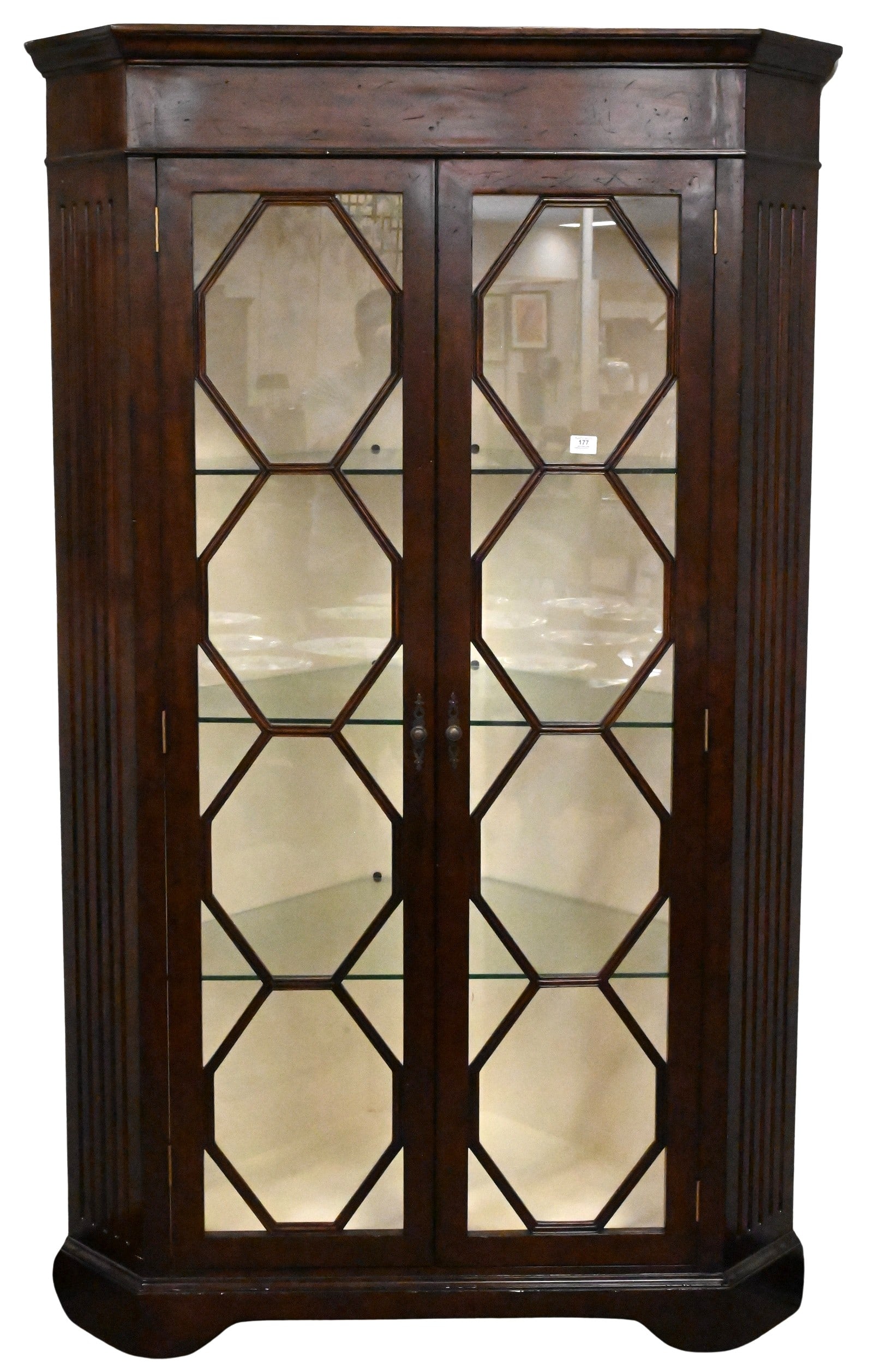 Theodore Alexander Corner China Cabinet: Theodore Alexander Corner China Cabinet having glass shelves height 78 inches, width 48 inches, depth 27 inches