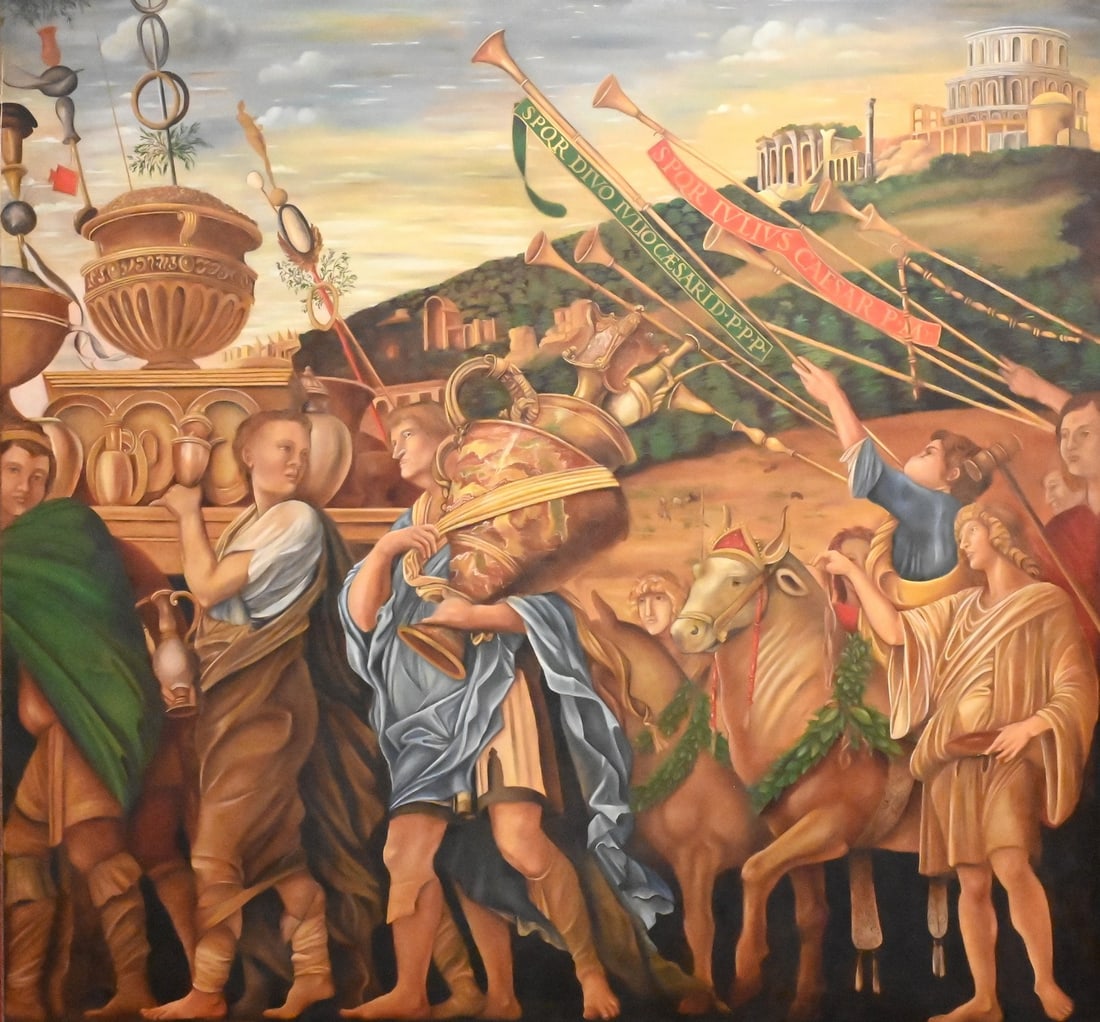 "The Vase Bearers" from the Triumphs of Caesar after Andrea Mantegna (Italian 1431-1506): "The Vase Bearers" from the Triumphs of Caesar after Andrea Mantegna (Italian 1431-1506) Oil on canvas depicting a Roman triumphal procession with attendants carrying ceremonial vessels and