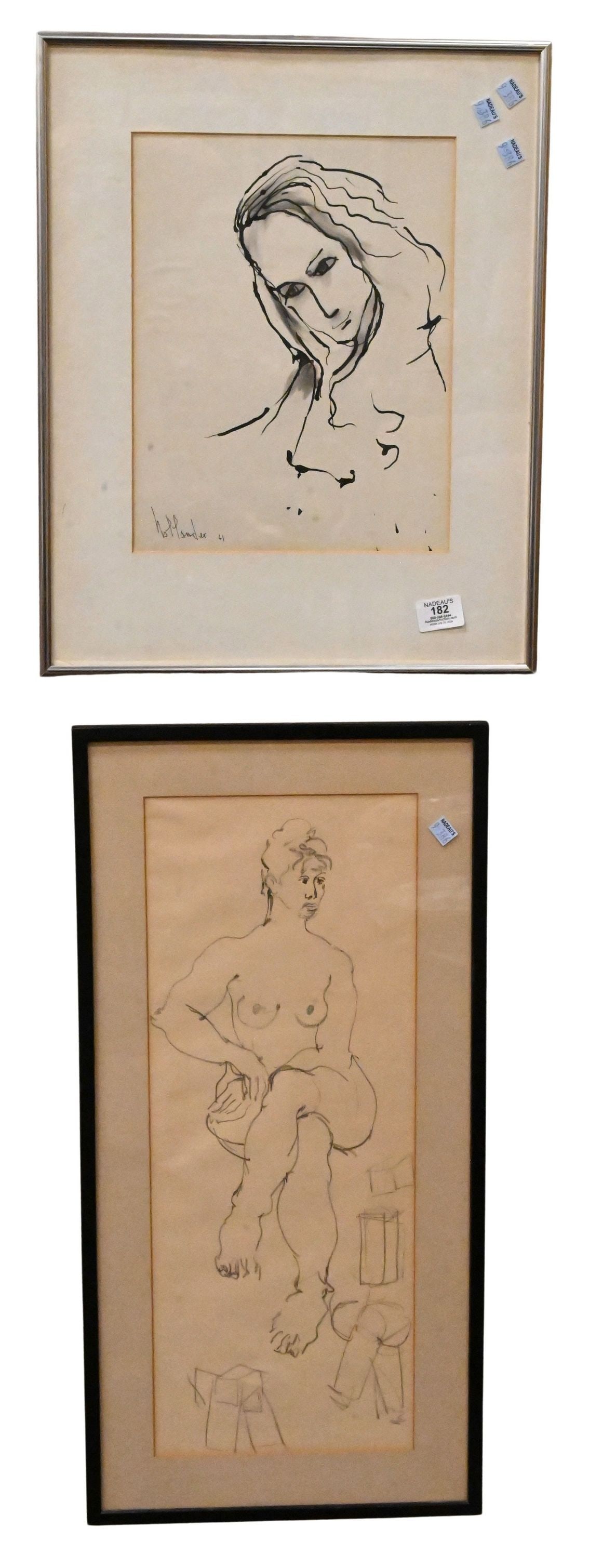 Three Framed Mid Century Figural Studies: Three Framed Mid Century Figural Studies to include Multiple Figures Pen and ink Signed lower right __Wells 19" x 18" Portrait Study of a Woman, 1961 Pen and ink Signed lower left, possibly Lander