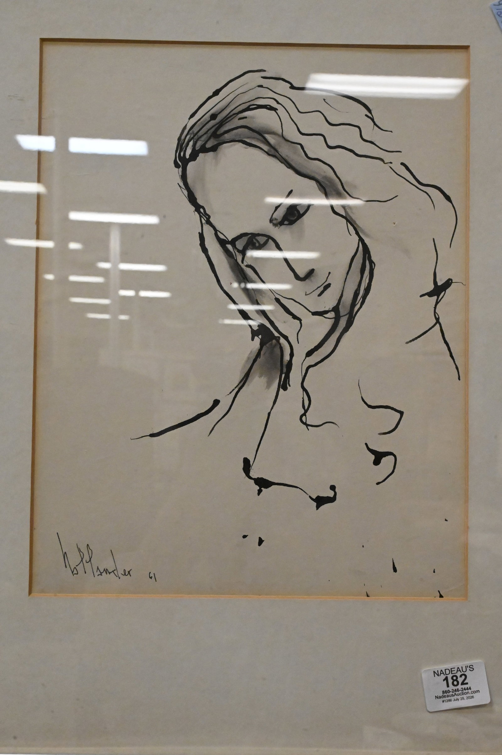 Three Framed Mid Century Figural Studies: Three Framed Mid Century Figural Studies to include Multiple Figures Pen and ink Signed lower right __Wells 19" x 18" Portrait Study of a Woman, 1961 Pen and ink Signed lower left, possibly Lander '61