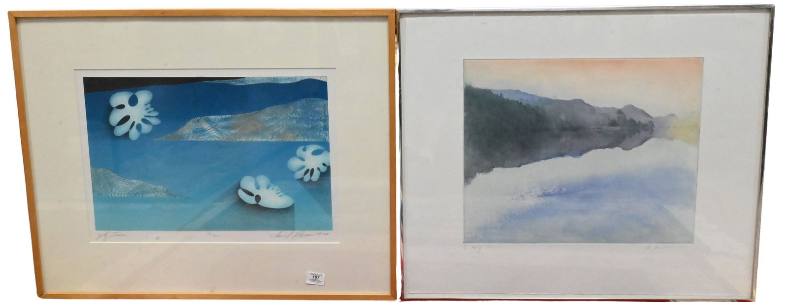 Four Framed Decorative Landscapes: Four Framed Decorative Landscapes to include Two: Donald Wilkinson (American B.1937) "After Sunset", etching and aquatint, edition 61/90 along with a river scene, edition 47/90 David Thomas (20th Cent