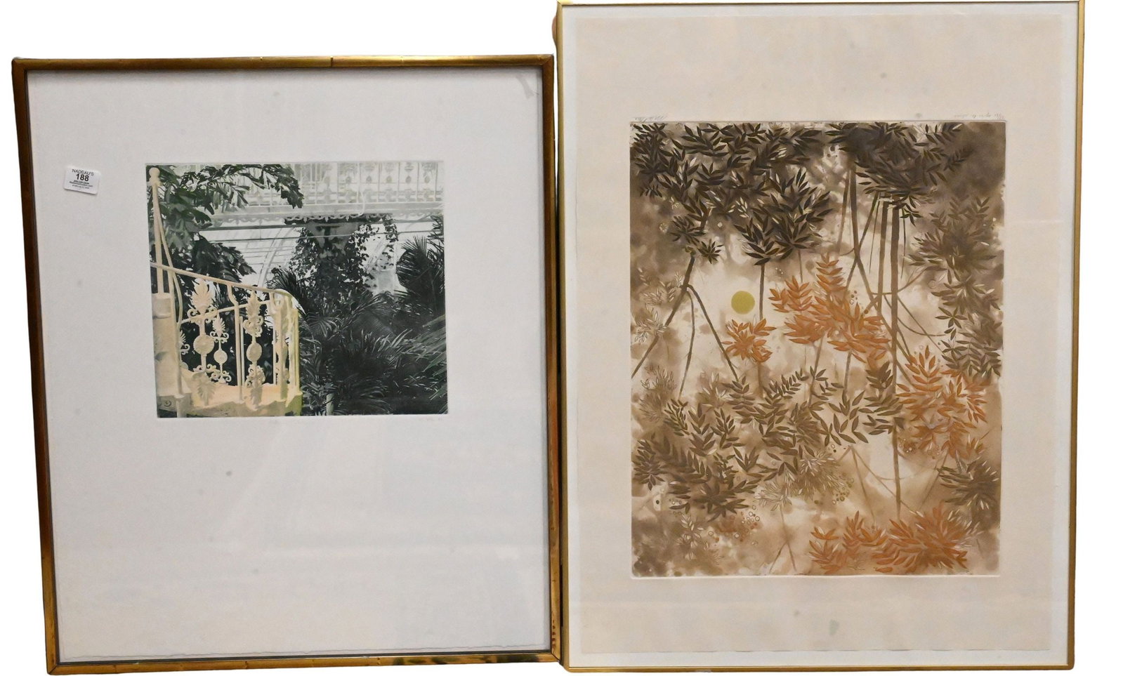 Three Framed Greenhouse and Botanical Pieces: Three Framed Greenhouse and Botanical Pieces to include "Victorian Palm House", 1982 Aquatint etching, edition 8/75 Signed and dated lower right D.J.Dill '82 29" x 24" frame Simon King (British B.1951