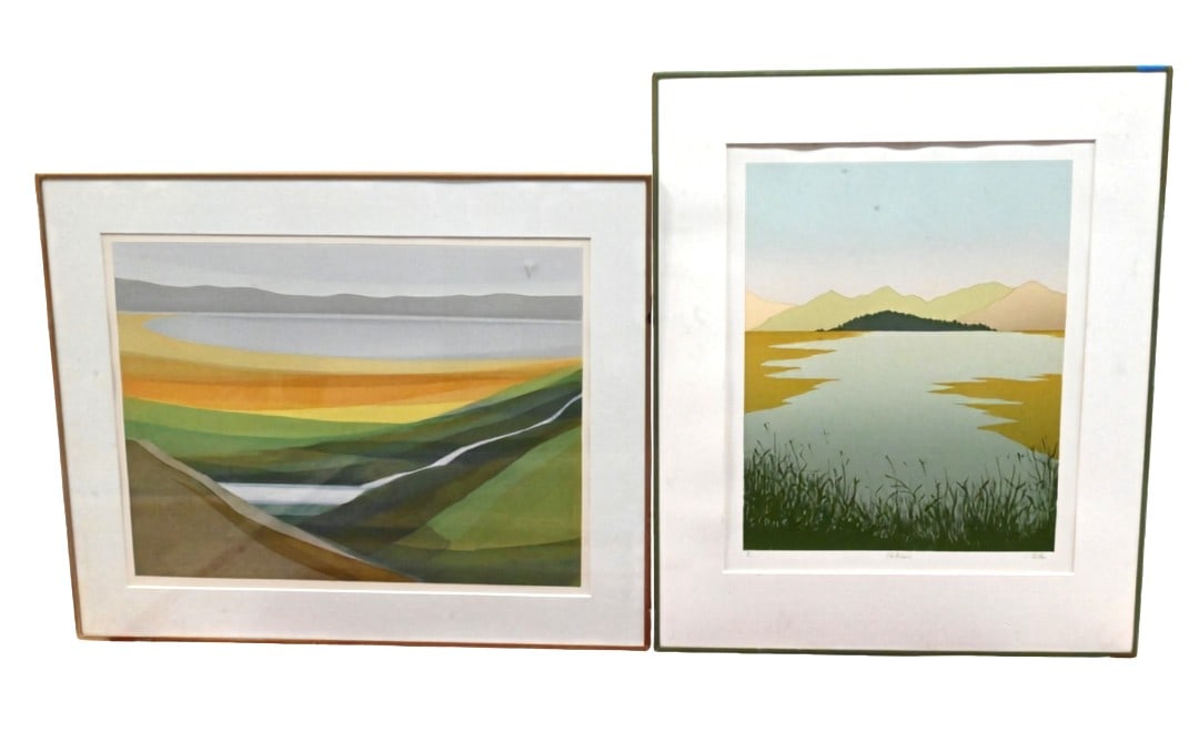 Five Framed Geometric Landscapes: Five Framed Geometric Landscapes to include Two: Kensuke Wakeshima (Japanese B.1937) "Winter Solstice A", Lithograph, edition 40/100, Signed lower right K. Wakeshima 33" x 23" sight "Morning Lake", Li