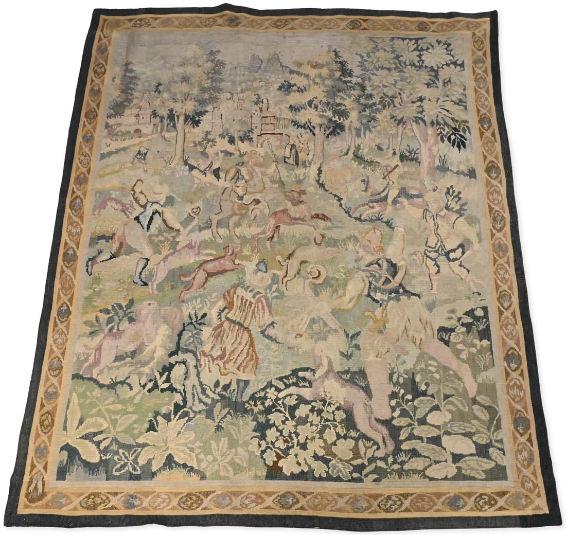 Large Flemish Style Verdure Needlepoint: Large Flemish Style Verdure Needlepoint depicting a dense flowering garden featuring birds, rabbits, and scrolling foliate ornament surrounding a central cartouche. The broad border decorated with