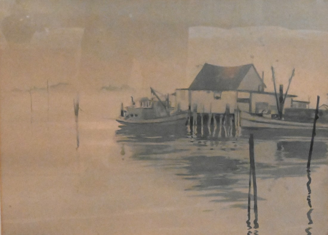 Charles Ernest Pont (Swiss/American 1898-1971): Charles Ernest Pont (Swiss/American 1898-1971) "Docked Fishing Boats at the Wharf" Watercolor on paper Signed lower left Charles E. Pont 18 1/2" x 25" sight