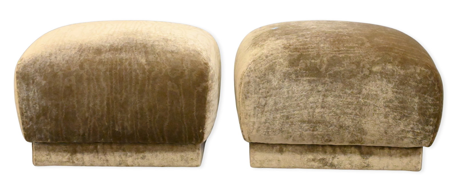Pair Karl Springer Hollywood Regency Style Ottoman Poufs: Pair Karl Springer Hollywood Regency Style Ottoman Poufs in velvet like green/gray upholstery height 15 inches, length 23 inches, depth 23 inches