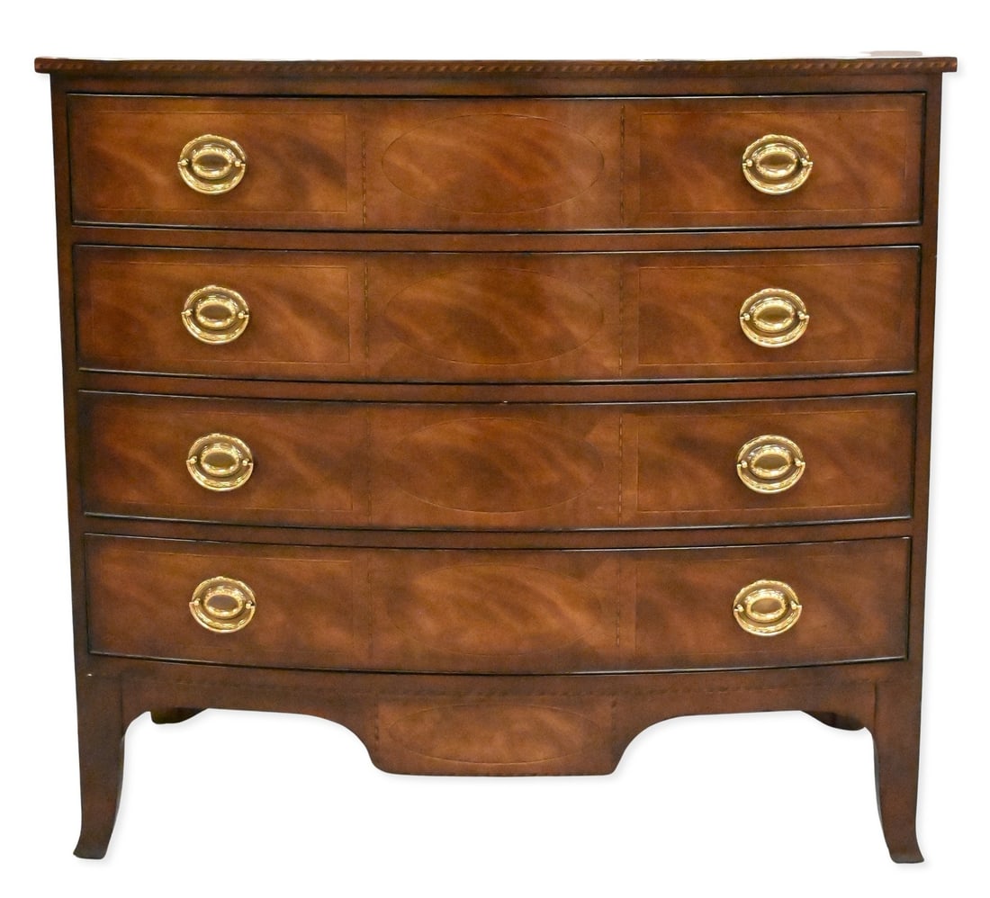 Baker Historic Charleston Federal Style Mahogany Bowed Front Chest: Baker Historic Charleston Federal Style Mahogany Bowed Front Chest with inlaid panels height 38 inches, width 41 inches, depth 22 inches