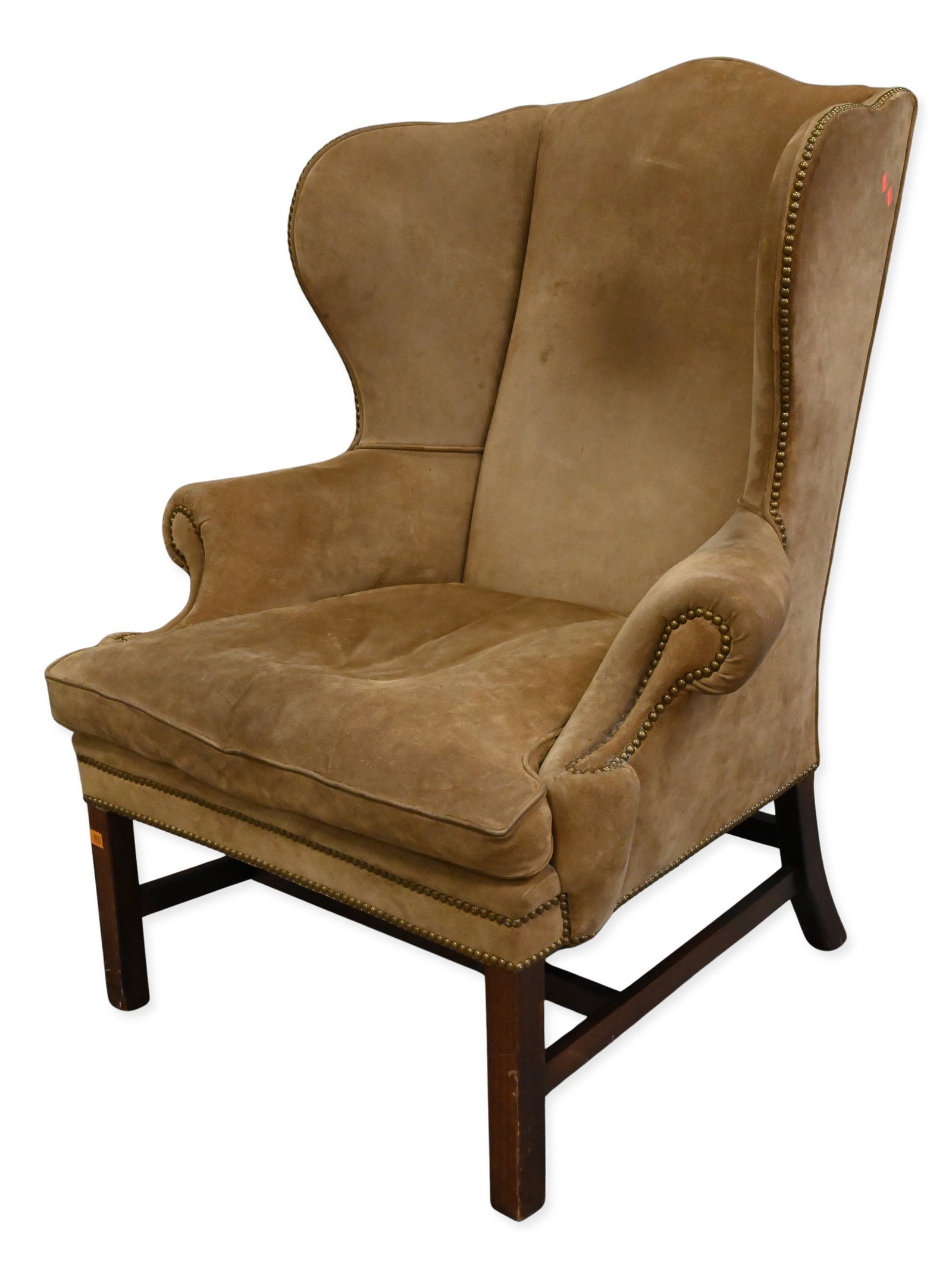 Ralph Lauren Devonshire Wing Chair: Ralph Lauren Devonshire Wing Chair suede upholstered wingback lounge chair from the Ralph Lauren Home Devonshire collection, featuring a tall winged back, shaped arms, loose seat cushion, and carved w