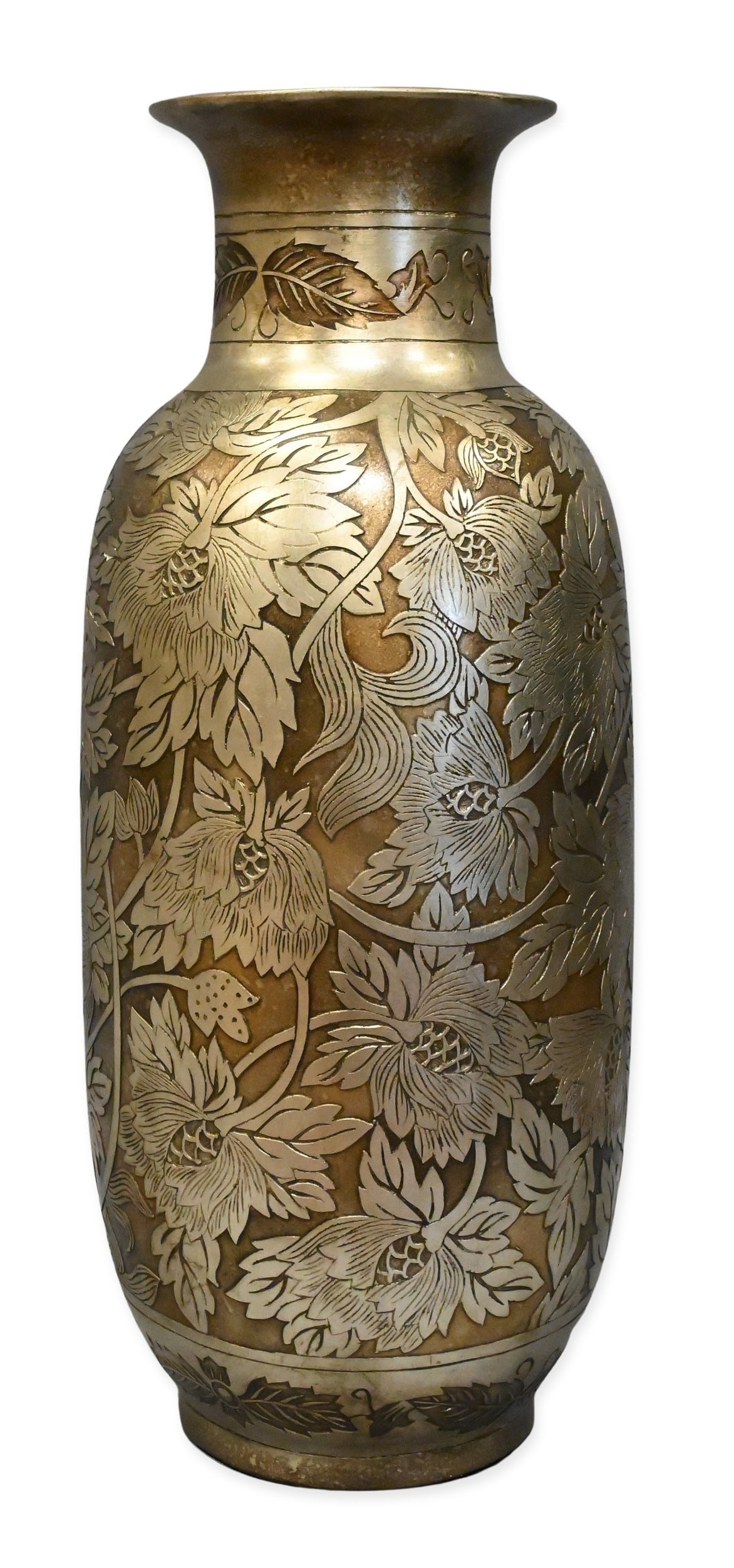 Large Silvered Porcelain Floral Vase: Large Silvered Porcelain Floral Vase Porcelain vase having a silvered finish and engraved floral decoration, the pierced neck above a baluster-form body decorated in flowering vines height 30 inches