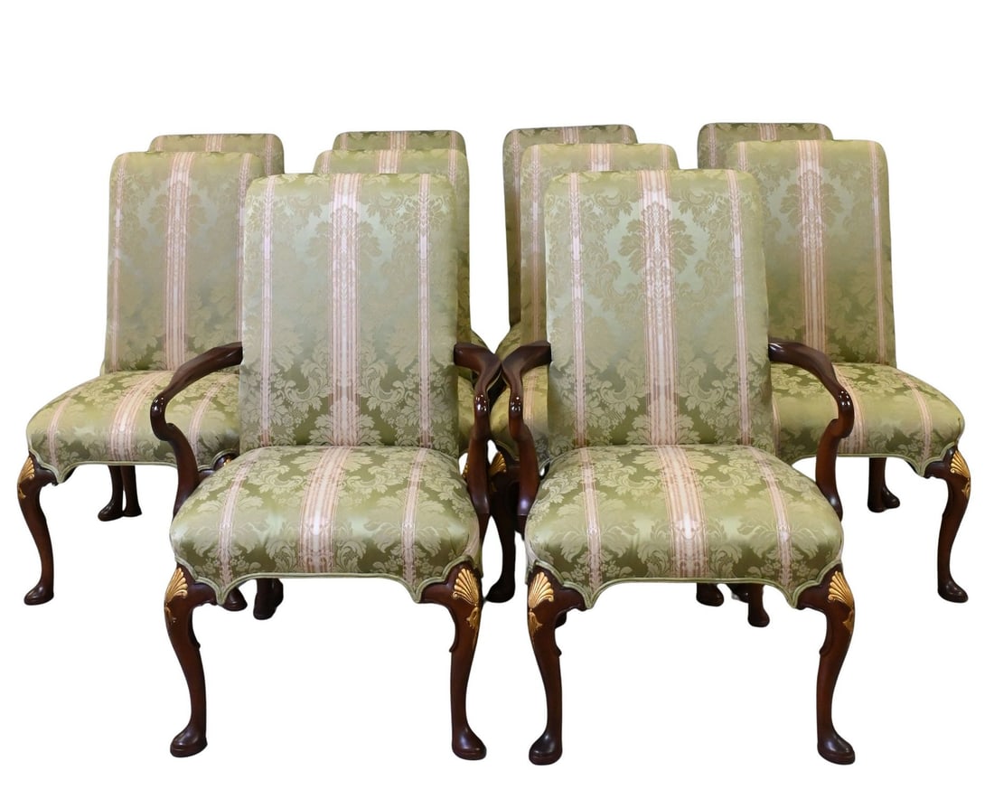 Kittinger Set of 10 Queen Anne Style Dining Chairs: Kittinger Set of 10 Queen Anne Style Dining Chairs all in fully upholstered silk damask, set on cabriole legs with gilt fans, ending in pad feet, all signed Kittinger with metal plaque KS67 3454 heigh