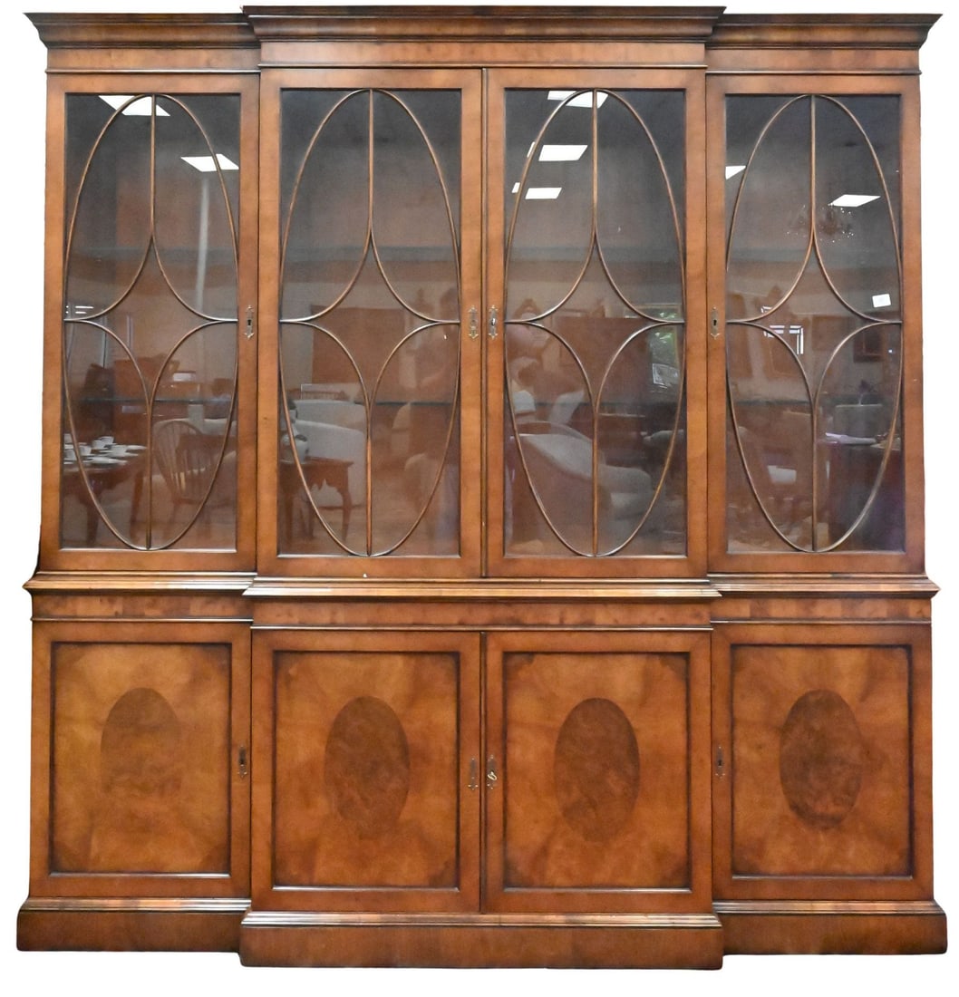 Restall Brown and Clennell Ltd. Mahogany Breakfront: Restall Brown and Clennell Ltd. Mahogany Breakfront in two parts height 85 inches, depth 19 1/2 inches, width 82 1/2 inches