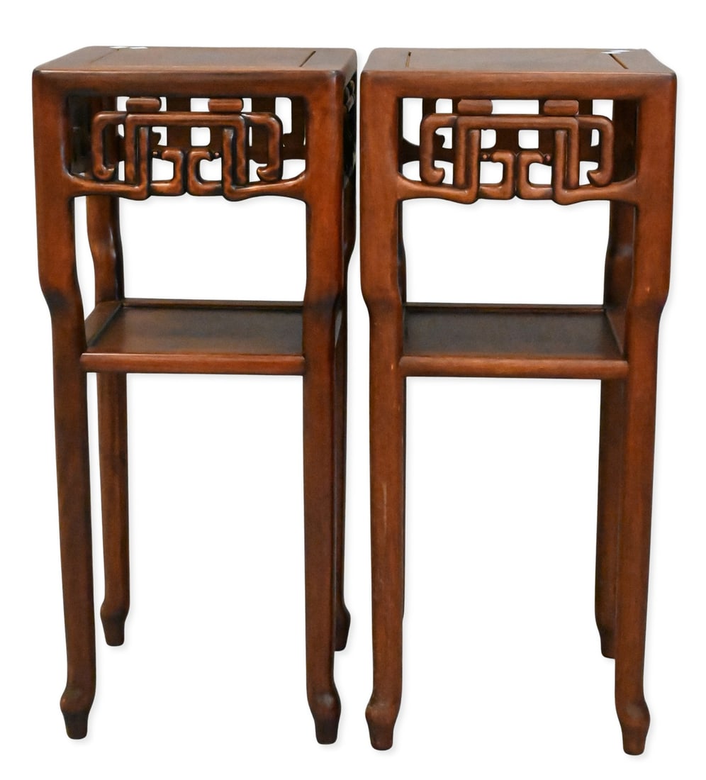 Three Chinese Hardwood Plant Stands: Three Chinese Hardwood Plant Stands to include Pair of Chinese Hardwood Plant Stands each having a square top above an open fret-carved apron and lower shelf, raised on shaped legs height 32 inches,