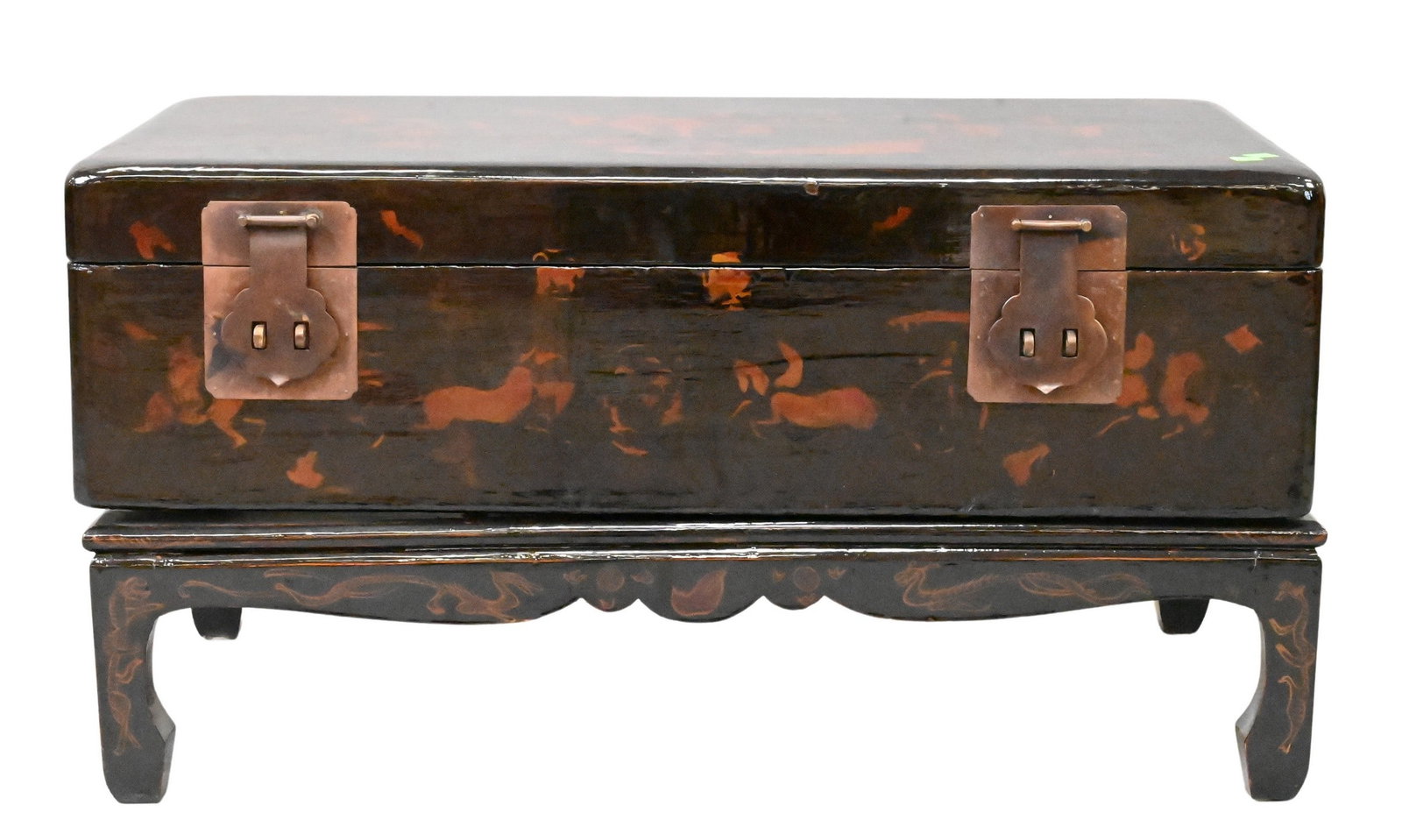 Chinese Lacquered Lift Top Chest: Chinese Lacquered Lift Top Chest set on base, top depicting female figures in a courtyard height 18 1/2 inches, top 20" x 35"