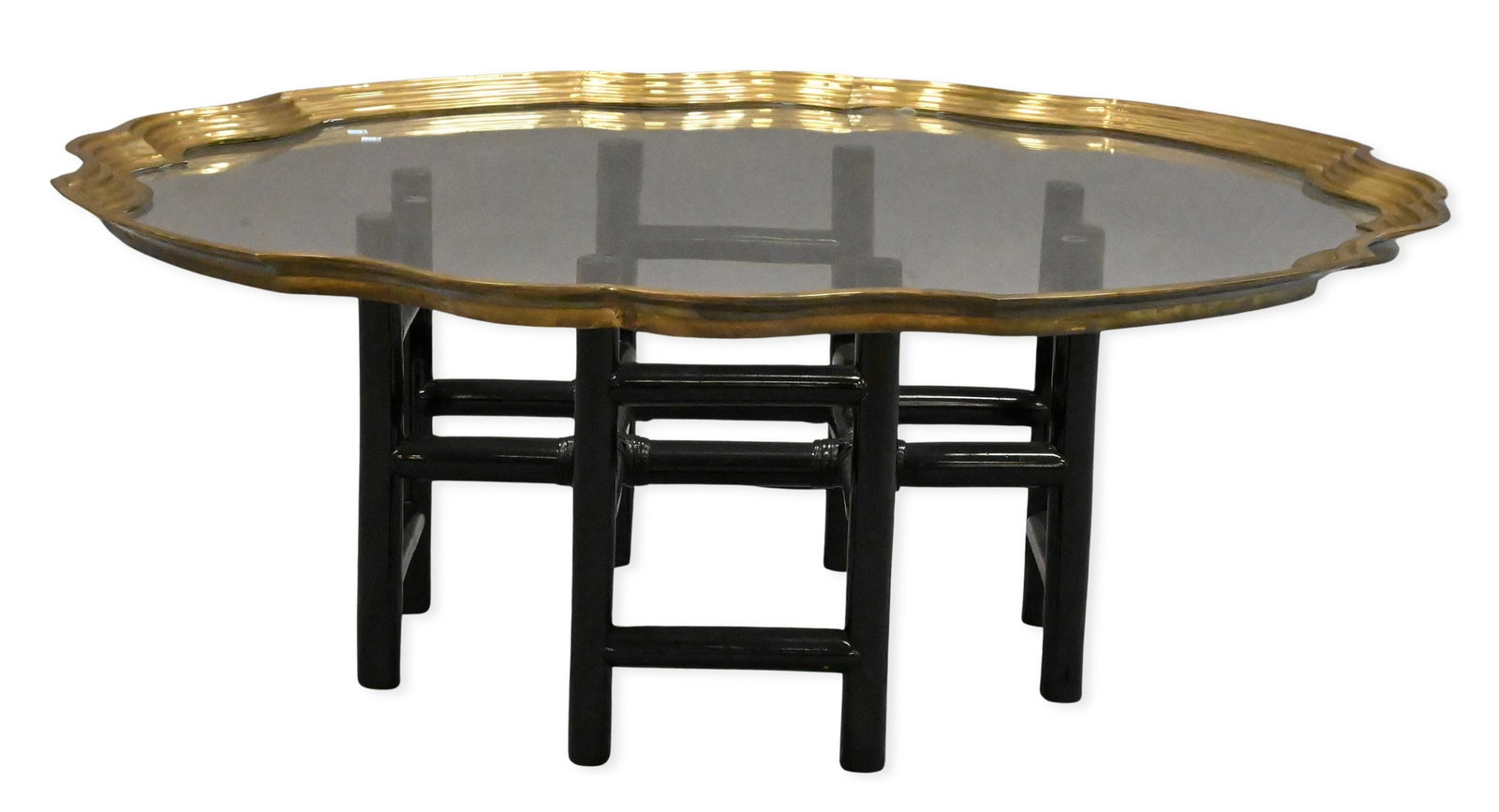 Hollywood Regency LaBarge Style Glass Top Coffee Table: Hollywood Regency LaBarge Style Glass Top Coffee Table having shaped brass trim tray top over rattan base height 16 inches, diameter 42 1/4 inches
