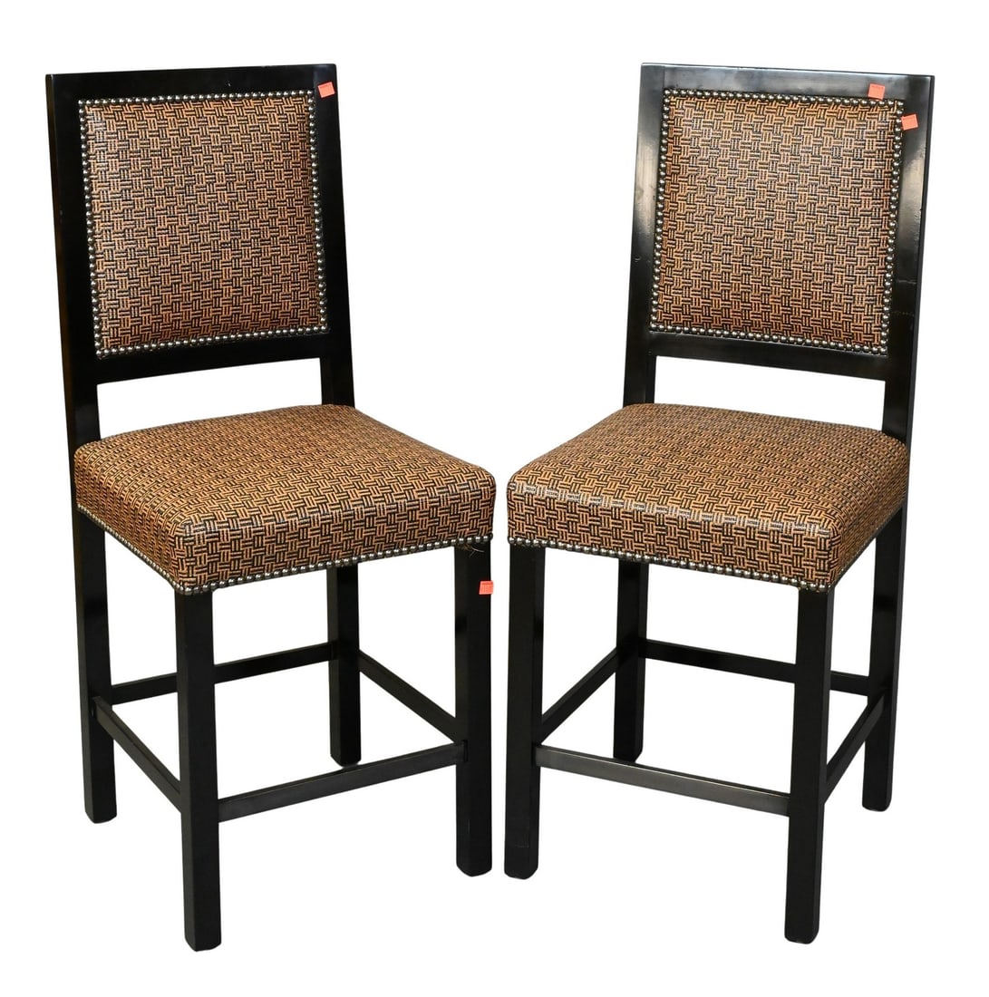 Pair of Custom Lacquered Bar Stools: Pair of Custom Lacquered Bar Stools having sterling upholstered seats and backs height 40 1/2 inches, width 16 inches Provenance: Sold $7,900, no receipt available information came from family databas