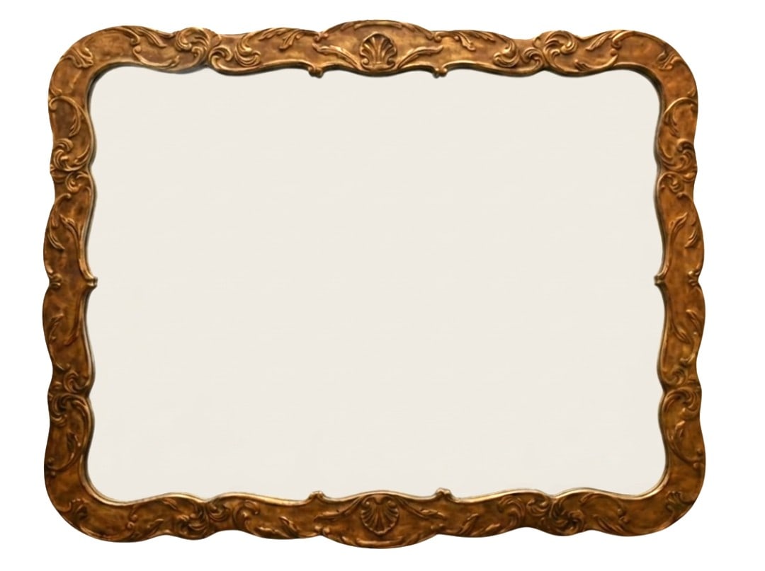 Large Rococo Style Decorative Mirror: Large Rococo Style Decorative Mirror having shaped frame featuring scrolling foliate and shell motif 41" x 52"