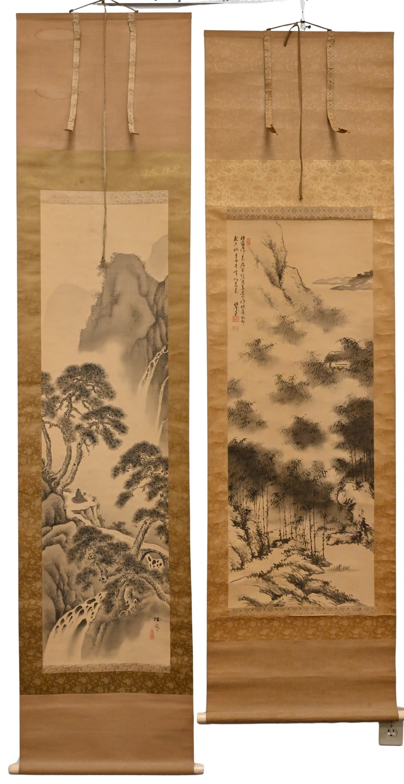 Two Chinese Scrolls on Silk Depicting Landscapes: Two Chinese Scrolls on Silk Depicting Landscapes each having seals / character marks images: 42 1/2" x 16" and 51" x 14"
