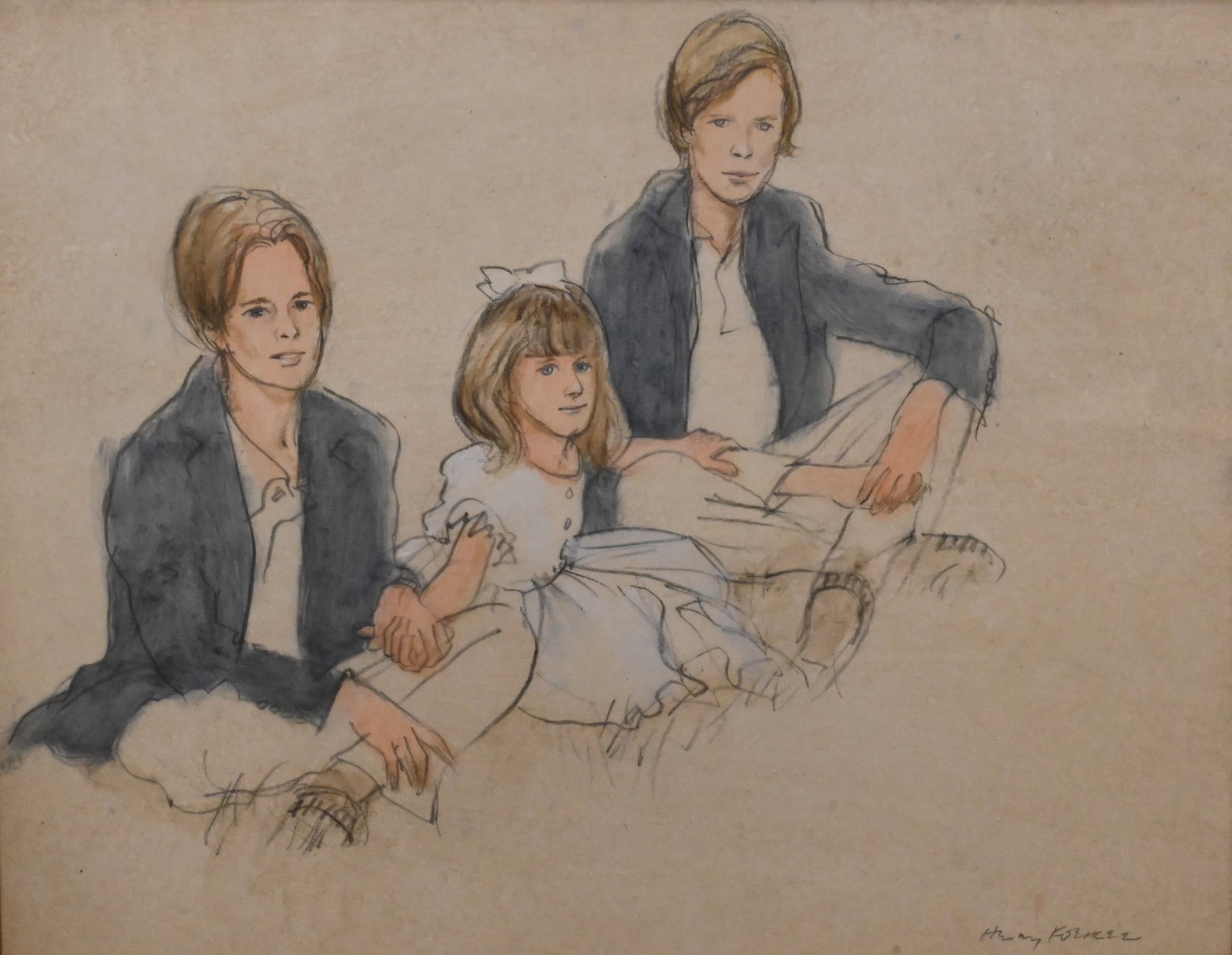 Henry Koehler (American 1927-2019): Henry Koehler (American 1927-2019) Portrait of Three Children Pencil, pastel on paper Signed lower right Henry Koehler 11" x 13 1/2" sight, 16" x 19" frame Provenance: Property from a Upper East Side,