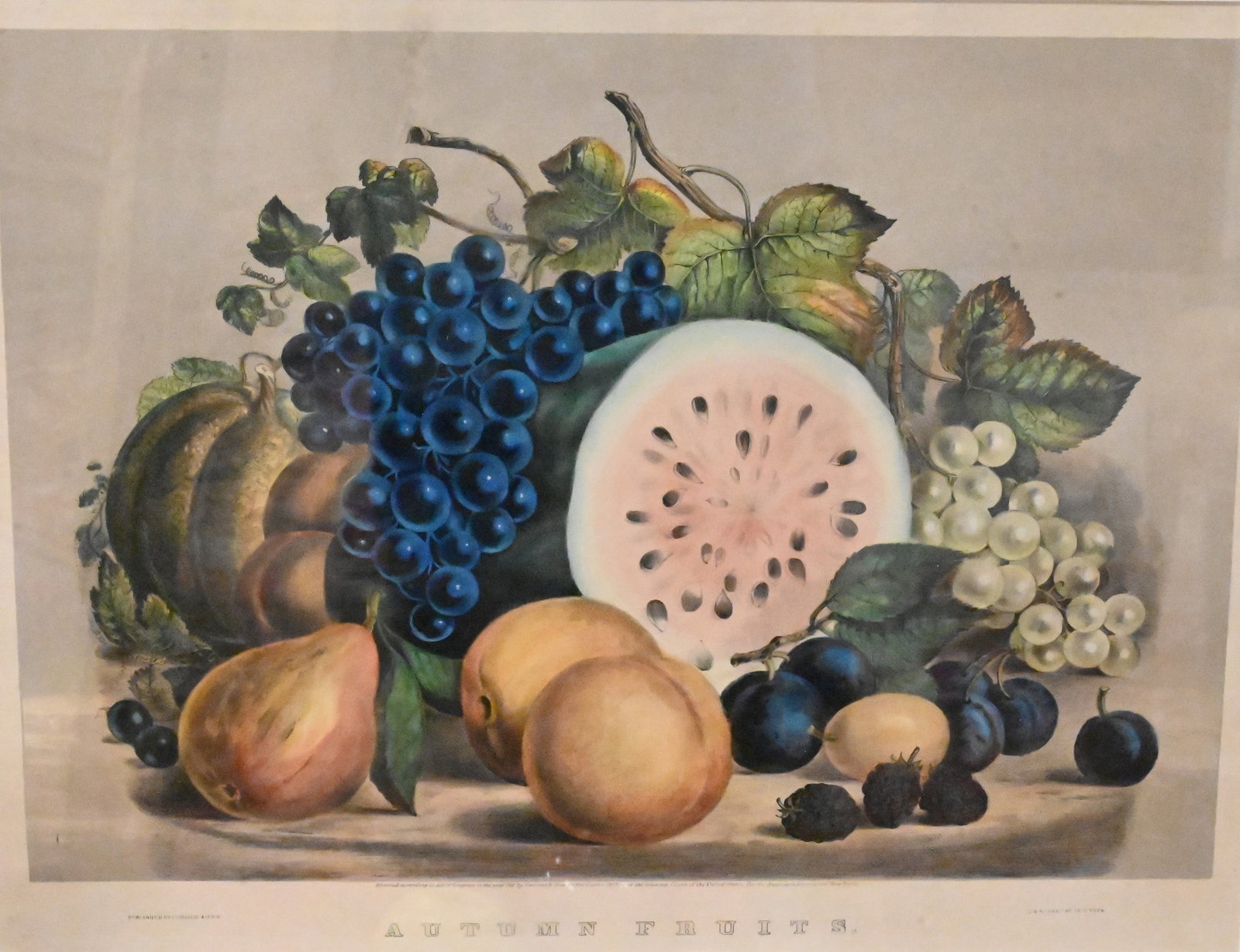 Currier and Ives "Autumn Fruits", 1861: Currier and Ives "Autumn Fruits", 1861 Lithograph with original hand coloring, published by Currier & Ives, New York, depicting a still life arrangement of autumn fruit. Medium folio format 12 1/2" x 