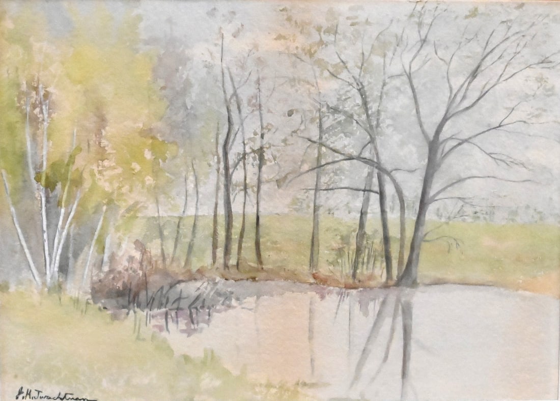 Attributed to John Henry Twachtman (American 1853-1902): Attributed to John Henry Twachtman (American 1853-1902) Landscape Study of a Pond Watercolor on paper Signed lower left J.H.Twachtman 9 1/2" x 13 1/4" sight Provenance: the work was gifted to a